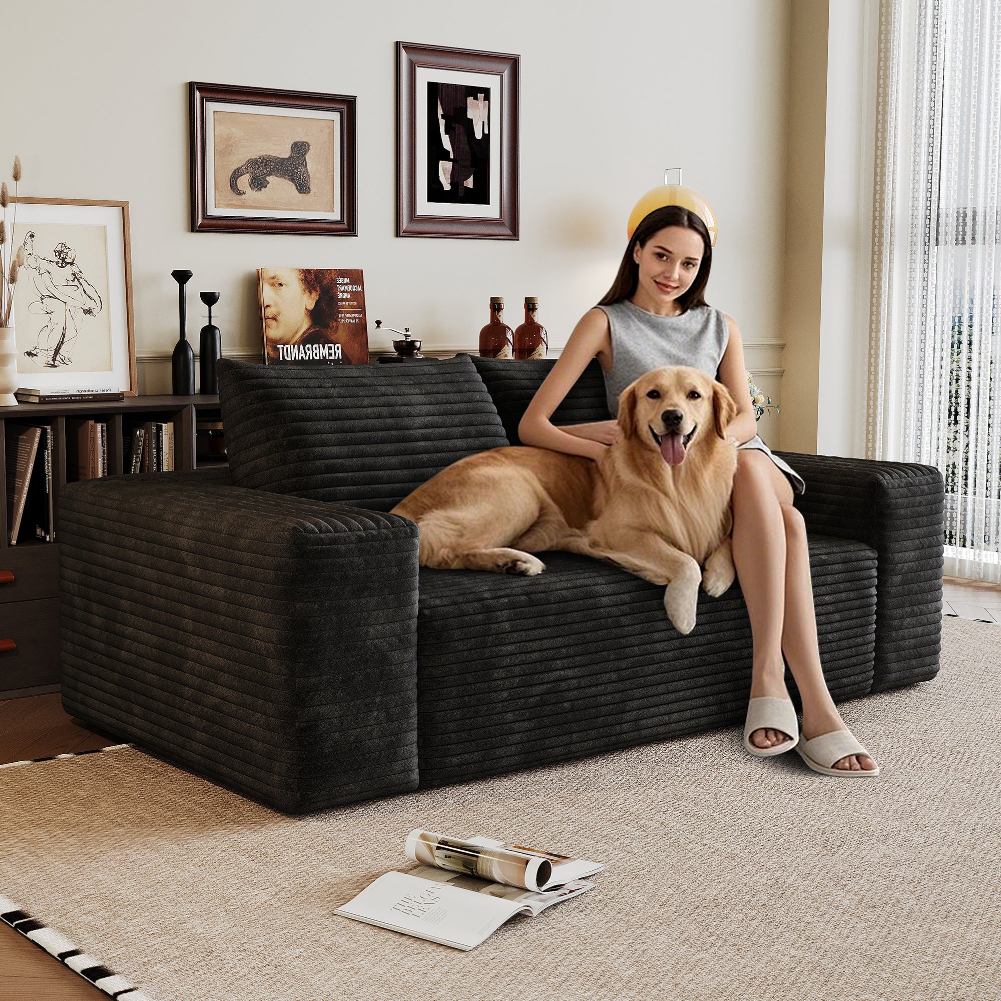 63' 2Setaser Sofa,Corduroy Fabric,Deep Seat Couches,Comfy Loveseat Sofa,No Assembly,1pcs for Living room, Bedroom,Conference room ,Apartment,Black - Grand Goldman Shop