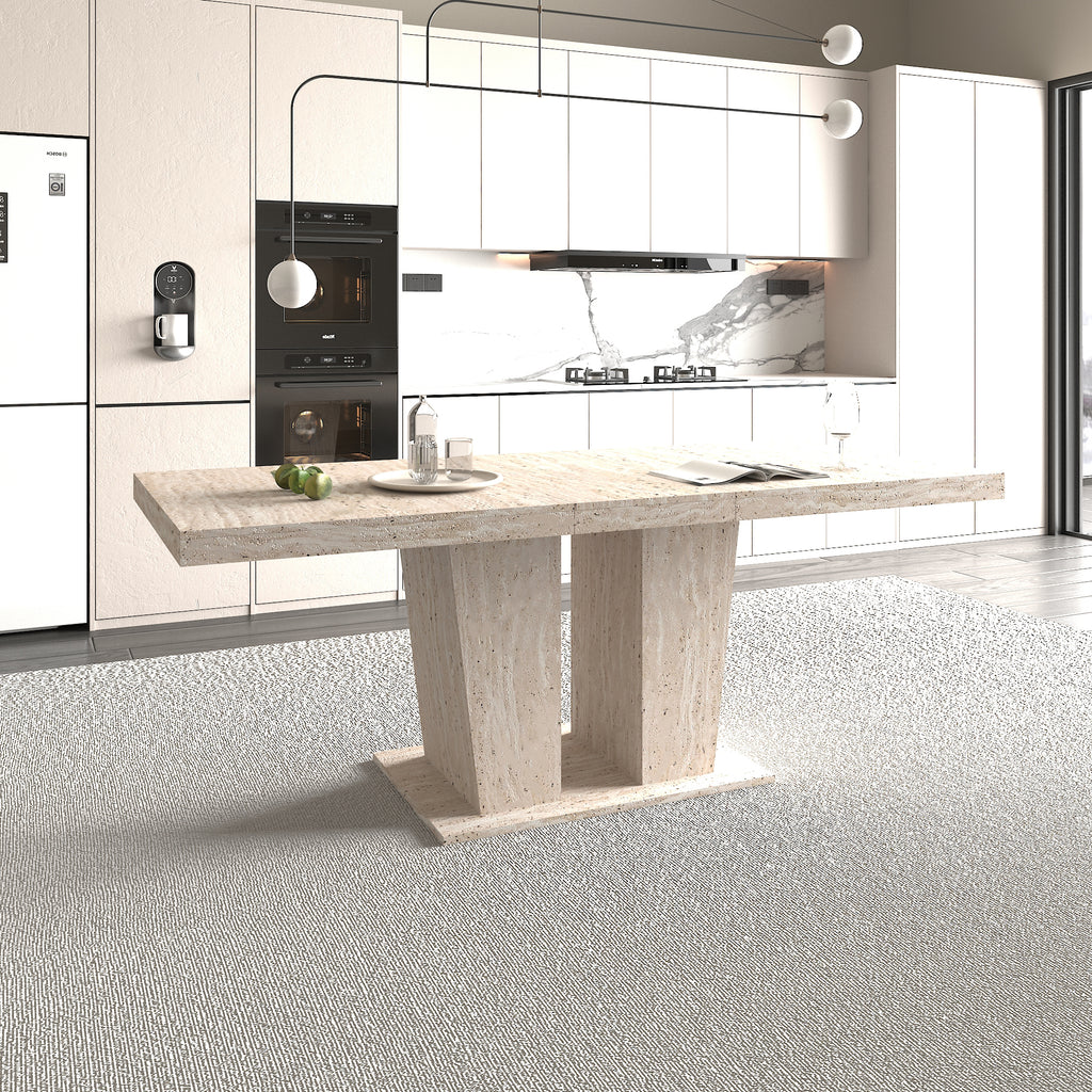 Rectangular extendable dining table, suitable for 6-10 people, with veined travertine pattern, dimensions 160-200 cm, simple and elegant. - Grand Goldman Shop