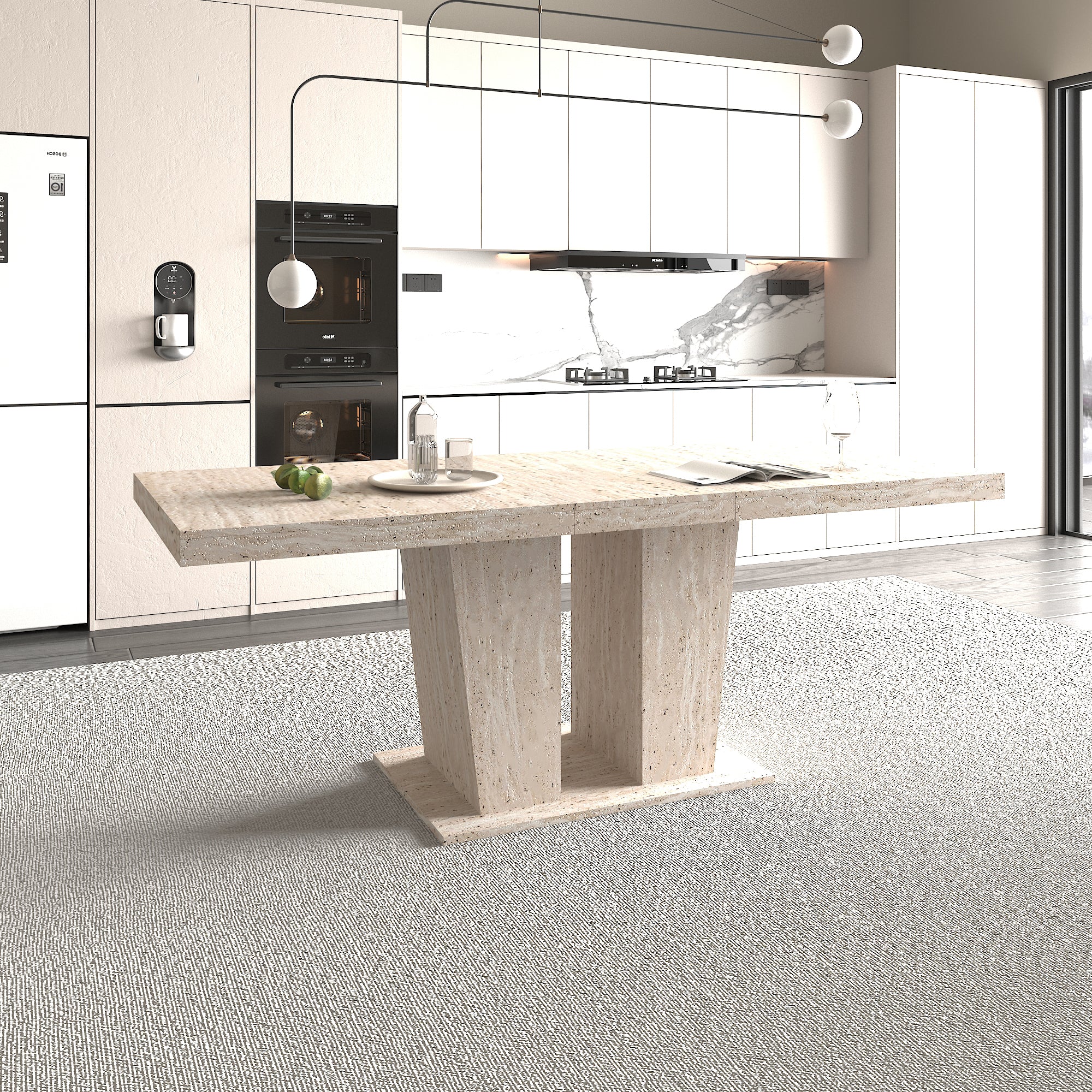 Rectangular extendable dining table, suitable for 6-10 people, with veined travertine pattern, dimensions 160-200 cm, simple and elegant. - Grand Goldman Shop