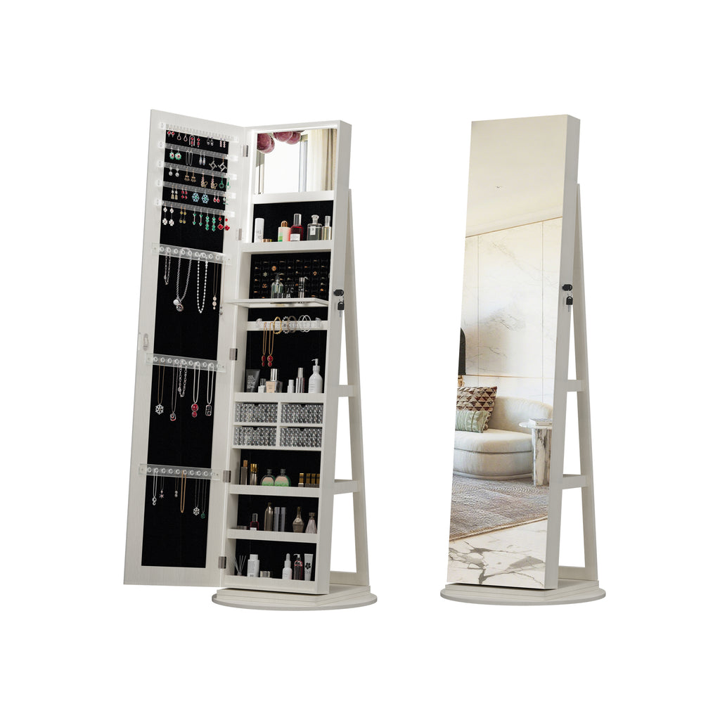 360°Swivel Jewelry Cabinet with Full Length Mirror, 360°Rotating Standing Jewelry Armoire Organizer, Lockable Storage Cabinet, Interior Lighted Mirror, White - Grand Goldman Shop