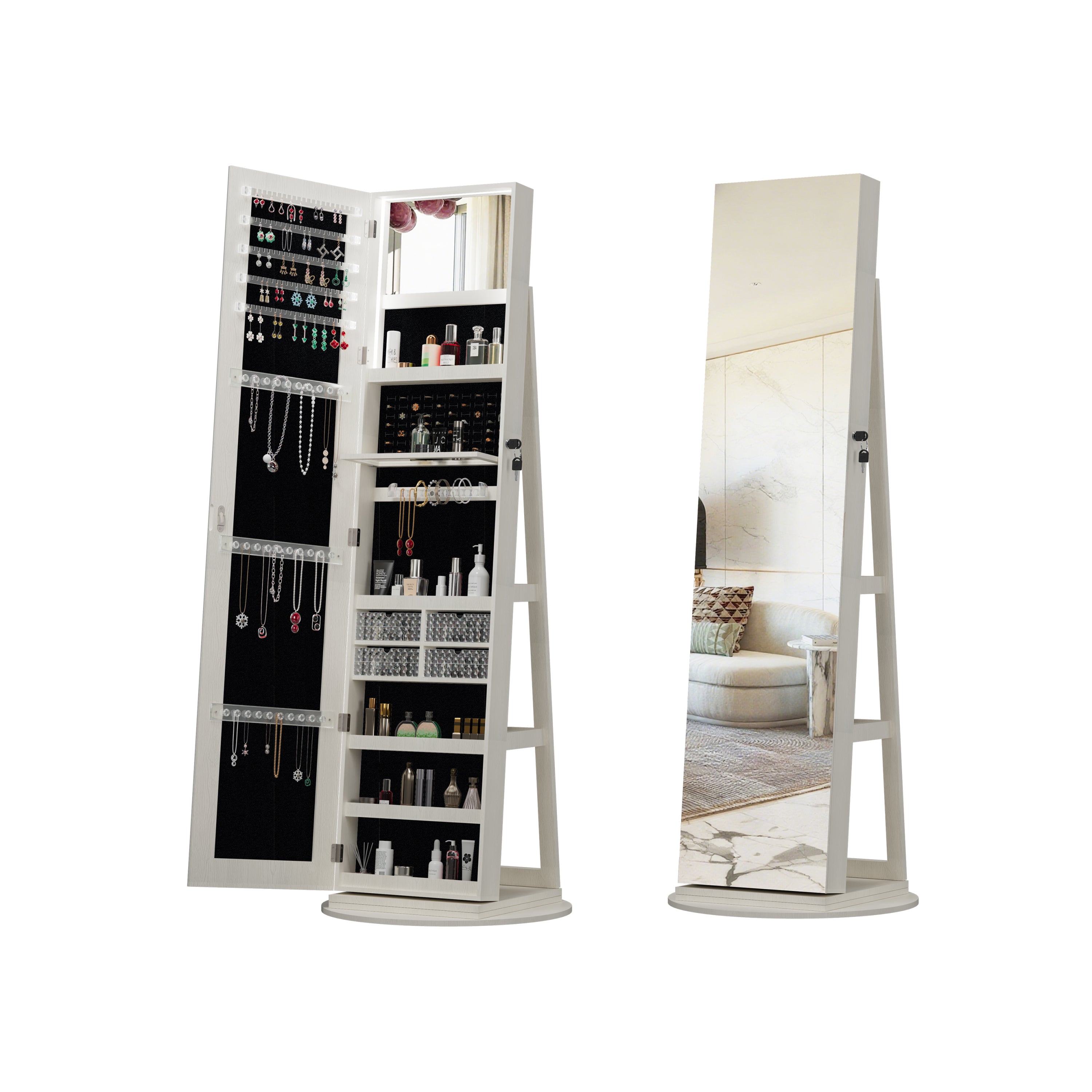 360°Swivel Jewelry Cabinet with Full Length Mirror, 360°Rotating Standing Jewelry Armoire Organizer, Lockable Storage Cabinet, Interior Lighted Mirror, White - Grand Goldman Shop