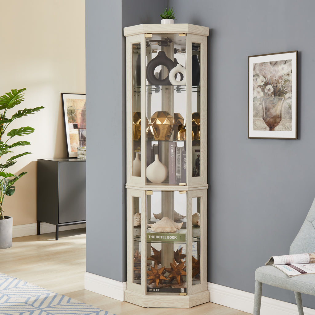 Corner Glass Cabinet Lighted Curio Cabinet Corner Display Case for Living Room, Curio Cabinet, Antique collection, Wine,Bar Glass Storage Light Included, Antique White - Grand Goldman Shop