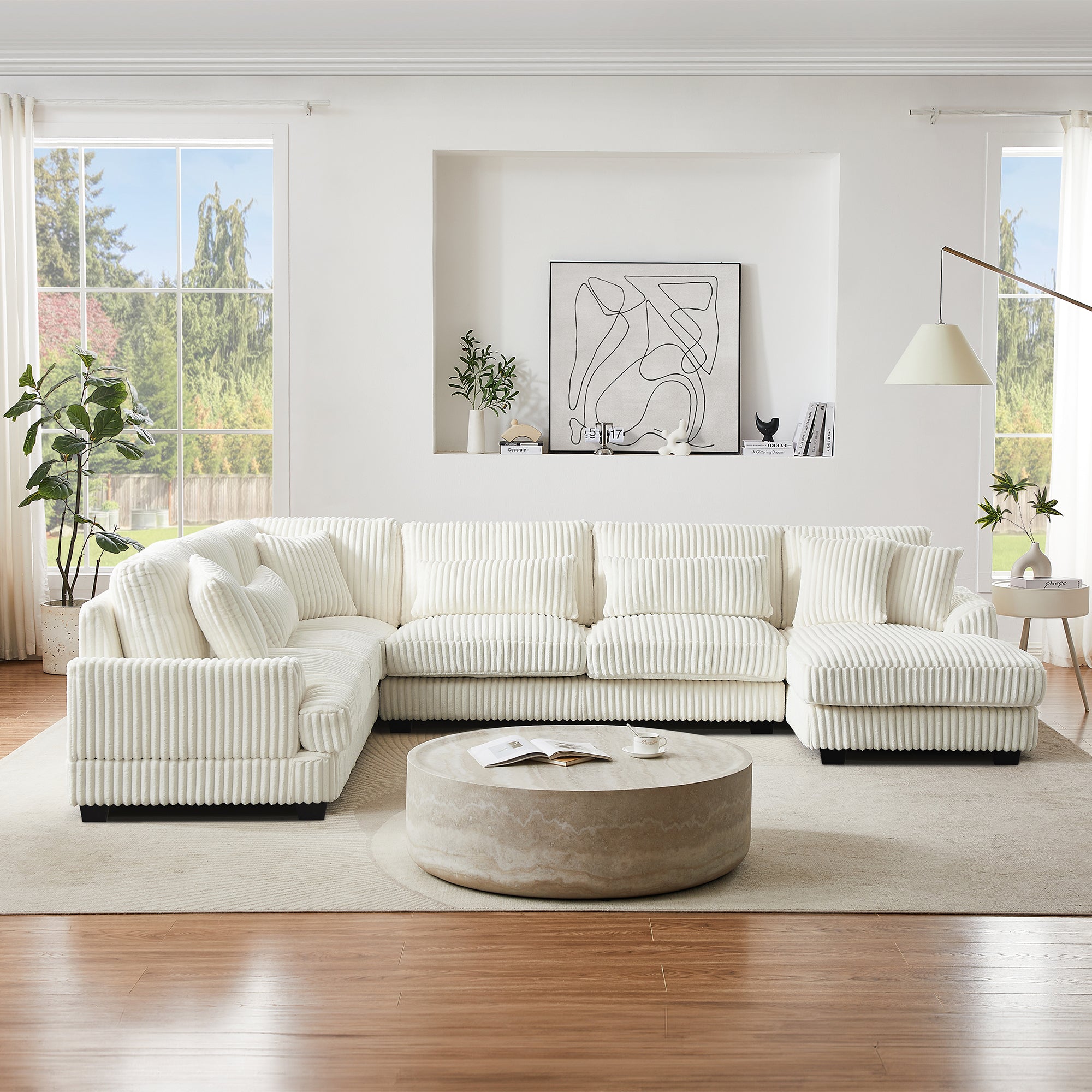 Modern Oversized U-shaped Sectional Sofa with Chaise Lounge in Beige Corduroy, 129' - Grand Goldman Shop