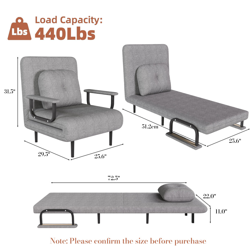 Folding Sofa Bed 5-in-1 Convertible Chair with Adjustable Backrest and Pillow, Grey Flannelette, Compact Design - Grand Goldman Shop