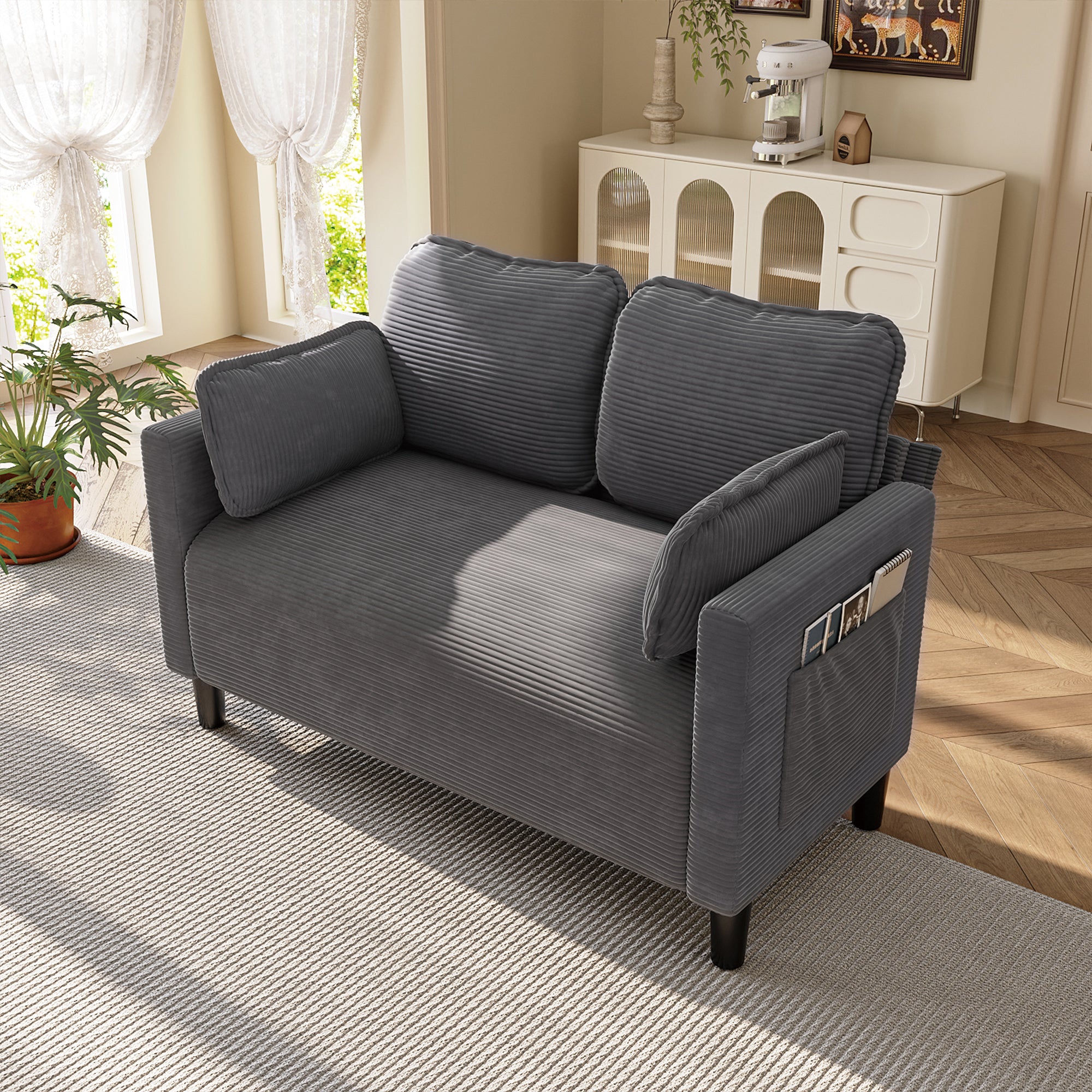 48' Soft Corduroy Loveseat Couch W/Soft Cushions,Side Storage Pocket,Sturdy Composite Board & Solid Wood Frame, High Rebound Sponge,Easy Assembly,Ideal for Living Room,Apartment,Dorm,Office. - Grand Goldman Shop