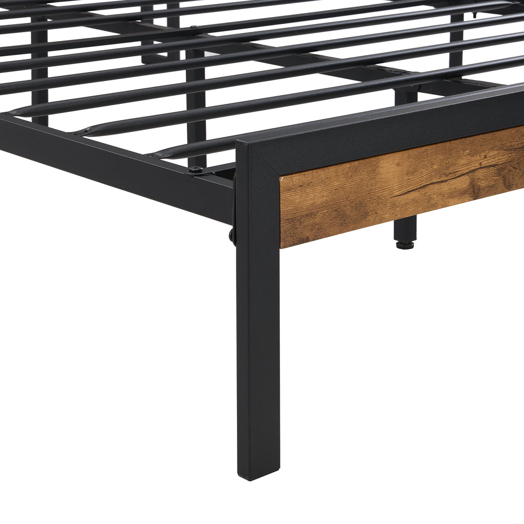 Modern Metal Platform Bed Frame with Wooden Headboard and Footboard, USB Liner, Queen Size, Black and Brown - Grand Goldman Shop