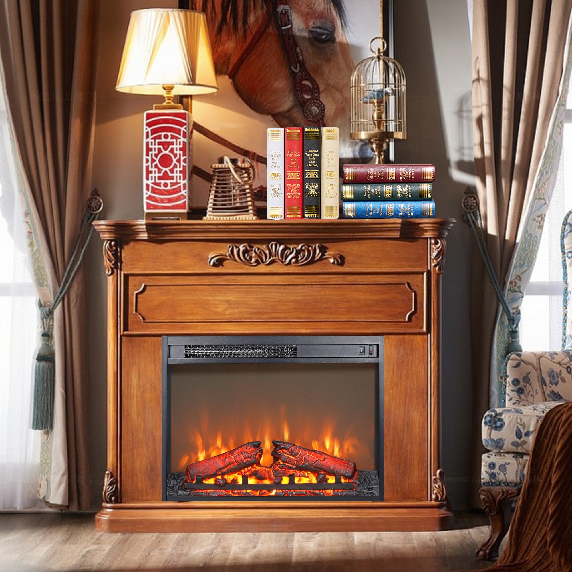 23 inch electric fireplace insert heater with log set & realistic flame, overheating protection without control - Grand Goldman Shop