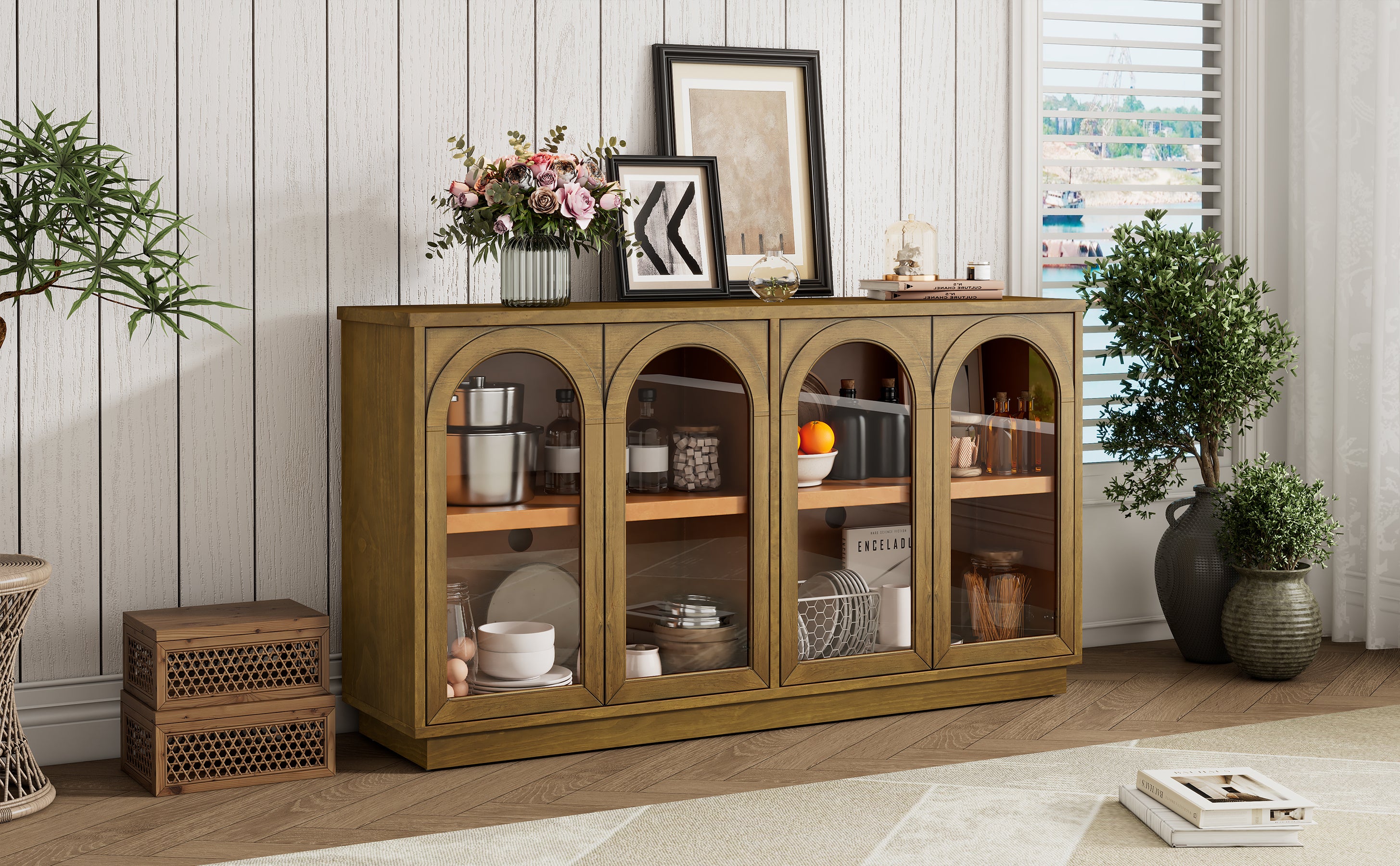 TREXM 4-Door Large Storage Buffet Cabinet with Glass Doors, Arched Cabinet with Adjustable Shelves for Kitchen, Dining Room and Living Room (Old Pine) - Grand Goldman Shop