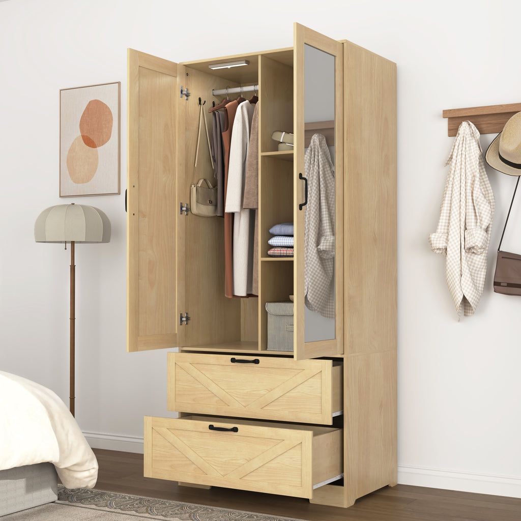 2 Door Wood Wardrobe for Bedroom with Hanging Clothing Rod inside the Cabinet and 2 Drawers for Storage Organization, Built-in induction light Multifunctional Closet with Mirror, Natural - Grand Goldman Shop