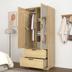2 Door Wood Wardrobe for Bedroom with Hanging Clothing Rod inside the Cabinet and 2 Drawers for Storage Organization, Built-in induction light Multifunctional Closet with Mirror, Natural - Grand Goldman Shop