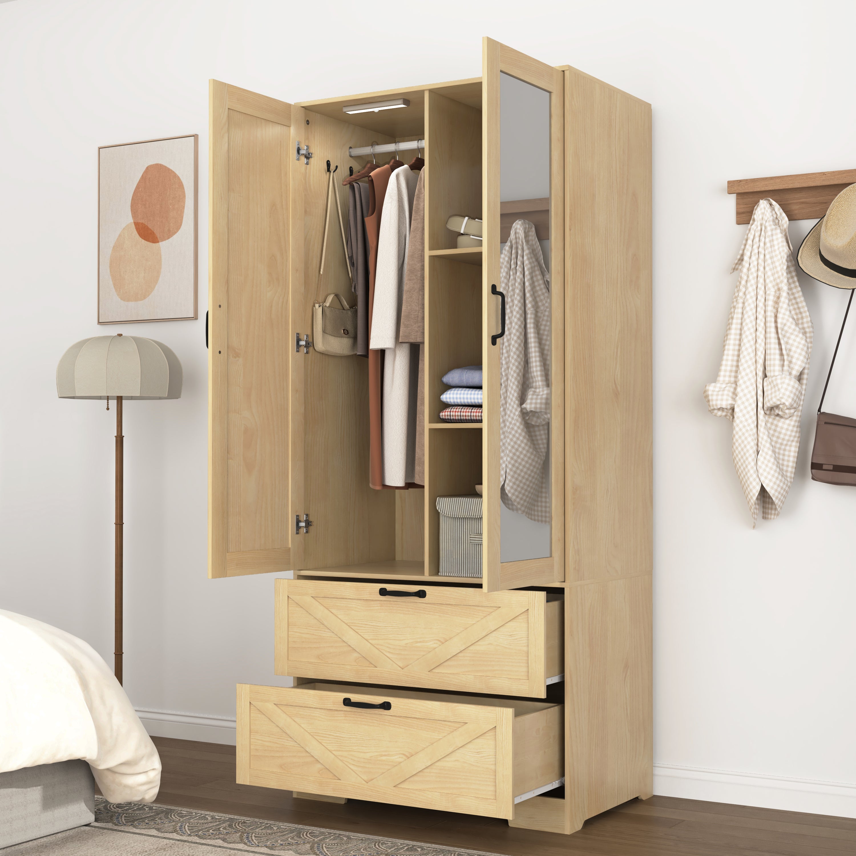 2 Door Wood Wardrobe for Bedroom with Hanging Clothing Rod inside the Cabinet and 2 Drawers for Storage Organization, Built-in induction light Multifunctional Closet with Mirror, Natural - Grand Goldman Shop