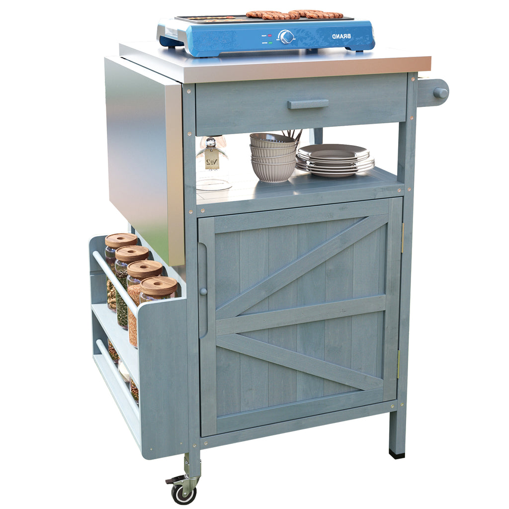 K&K 40.5' Outdoor Grill Cart with Stainless Steel Top, Solid Wood Outdoor Storage Cabinet with Drop Leaf, One Drawer, Towel Rack, Rolling Kitchen Cart with Lockable Wheels for Lawn Garden, Blue Grey - Grand Goldman Shop