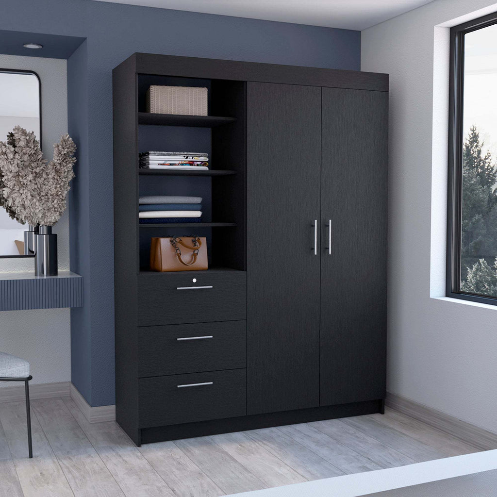 Kenya 3 Drawers Armoire, Double Door, 3-Tier Shelf -Black - Grand Goldman Shop