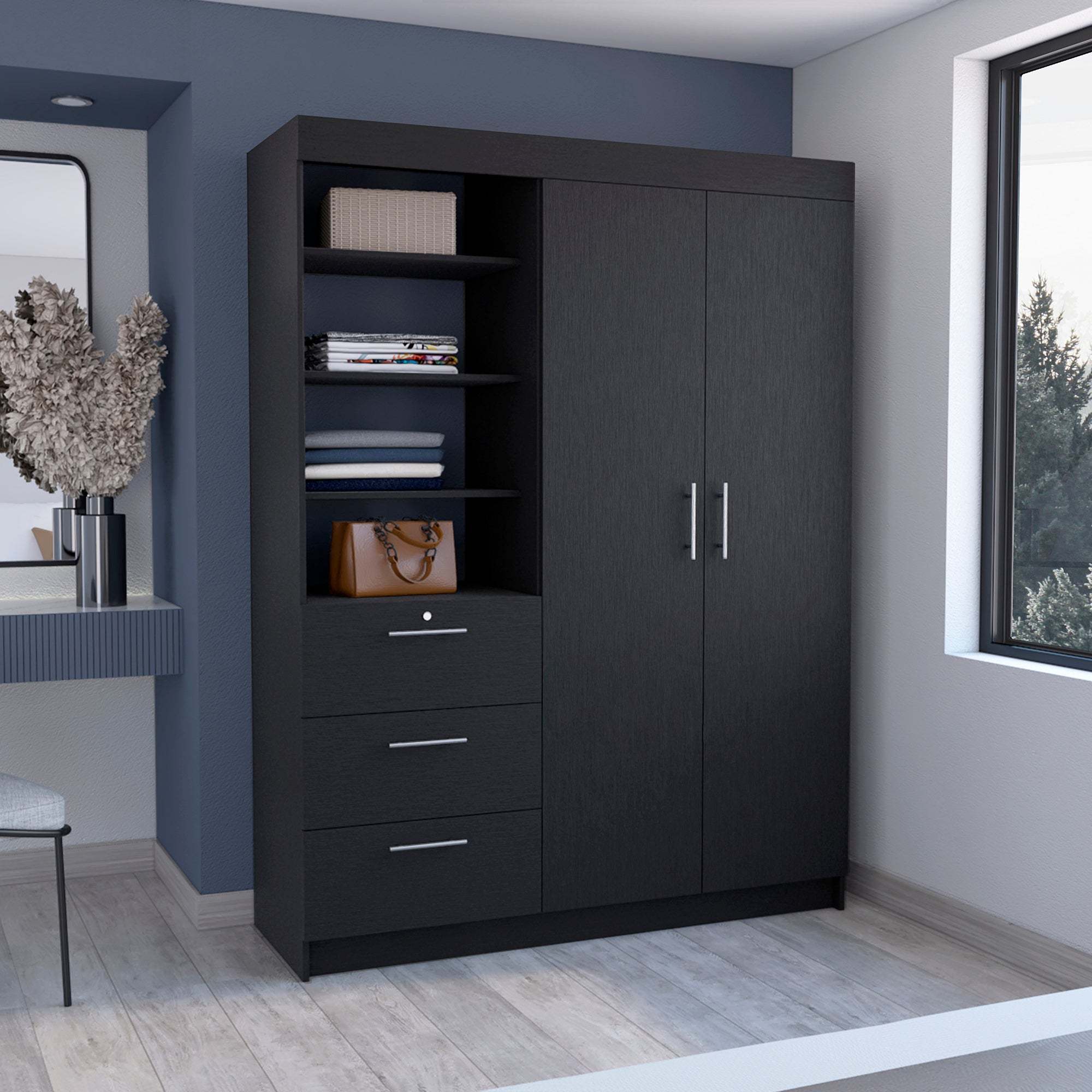 Kenya 3 Drawers Armoire, Double Door, 3-Tier Shelf -Black - Grand Goldman Shop