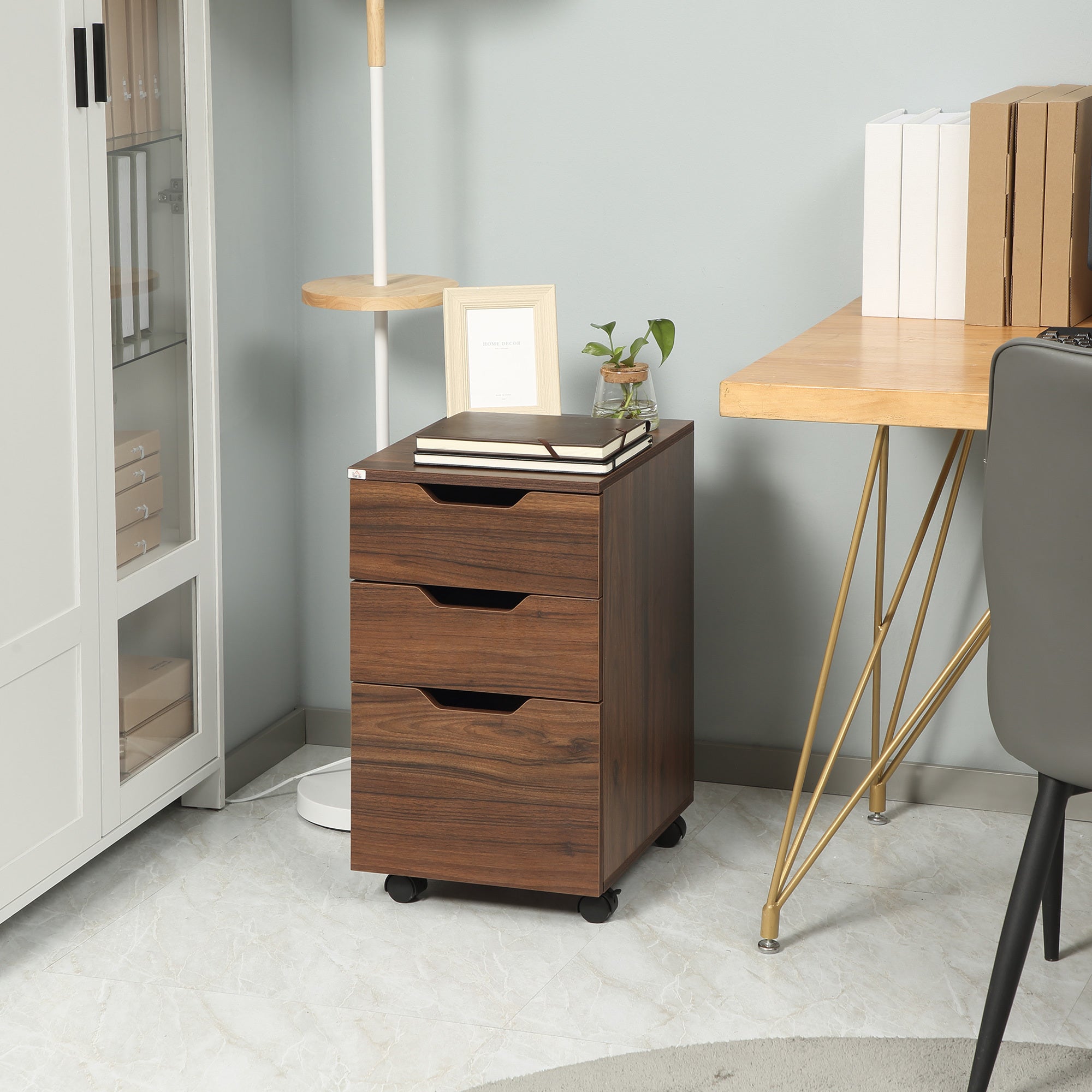HOMCOM 3 Drawer Office Storage Cabinet, Under Desk Cabinet with Wheels, Brown Wood Grain | Premium Home Decor - Grand Goldman