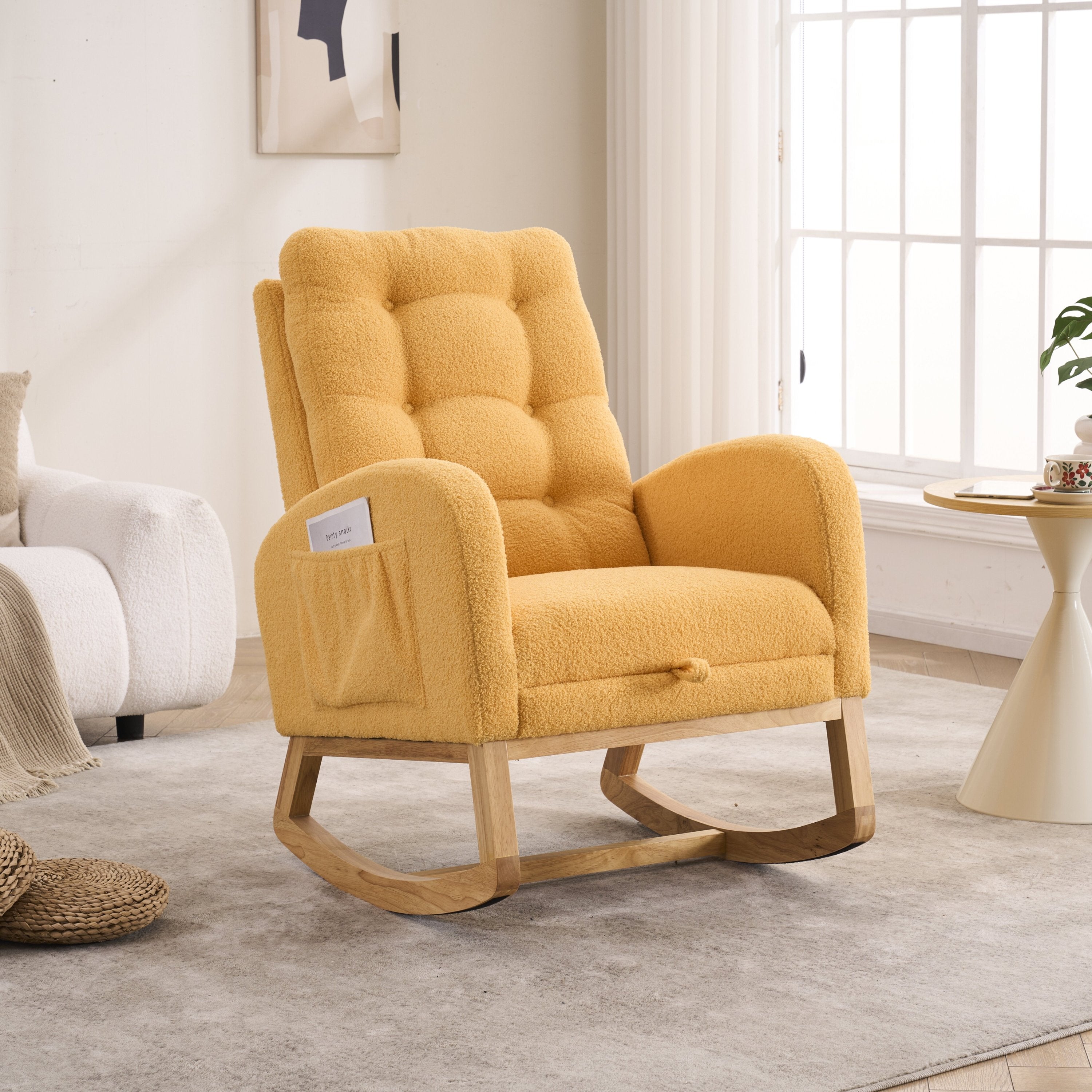 LY-5104 Yellow  Accent Rocking  Chair with  Footrest High Back Rubber Wood Rocking Legs Bedroom Living Space   26.77D X 38.36W X 39.76H Inch - Grand Goldman Shop