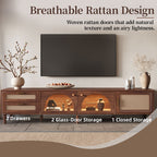 Modern 86 inch TV Stand for TVs up to 90 inches, Dark Brown Rattan Design with App-Controlled LED Lights, 2 Drawers & Glass Door Storage, MDF and Solid Wood Media Console - Grand Goldman Shop