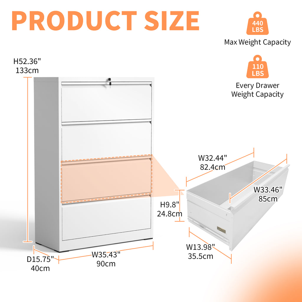 4 Drawer Lateral File Cabinet, Heavy Duty Metal Filing Cabinet, 35.4 Inch Wide Locking File Cabinet for Home Office, Space-Sa