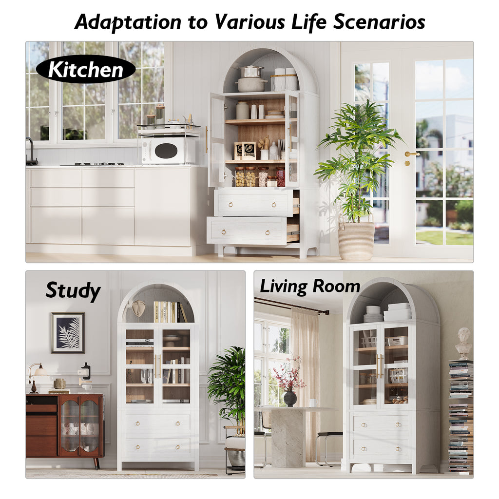 K&K 71' Tall Arched Kitchen Pantry Cabinet with 2 Large Drawers, Modern Farmhouse Kitchen Storage Cabinets with Adjustable Shelves, Glass Door, Wood Versatile Cupboard for Kitchens, Dining Room, White - Grand Goldman Shop