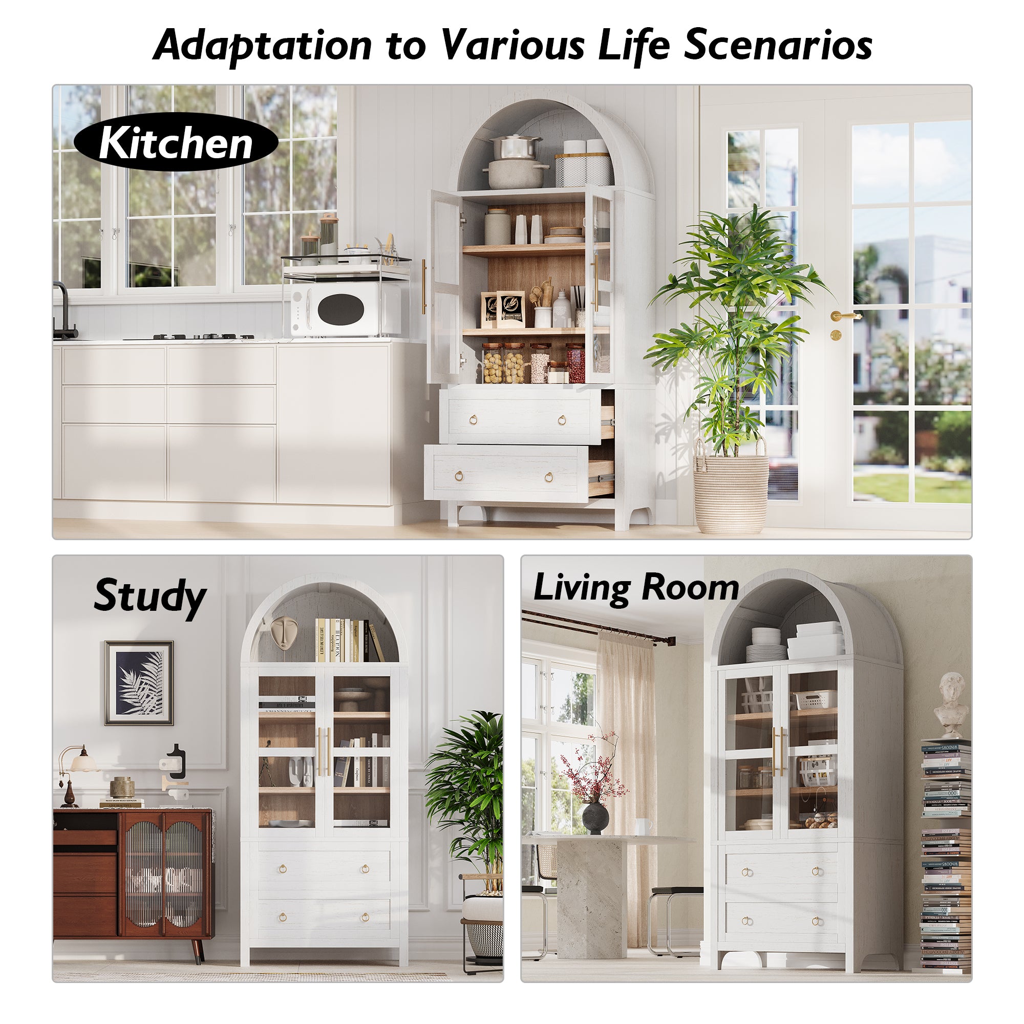 K&K 71' Tall Arched Kitchen Pantry Cabinet with 2 Large Drawers, Modern Farmhouse Kitchen Storage Cabinets with Adjustable Shelves, Glass Door, Wood Versatile Cupboard for Kitchens, Dining Room, White - Grand Goldman Shop