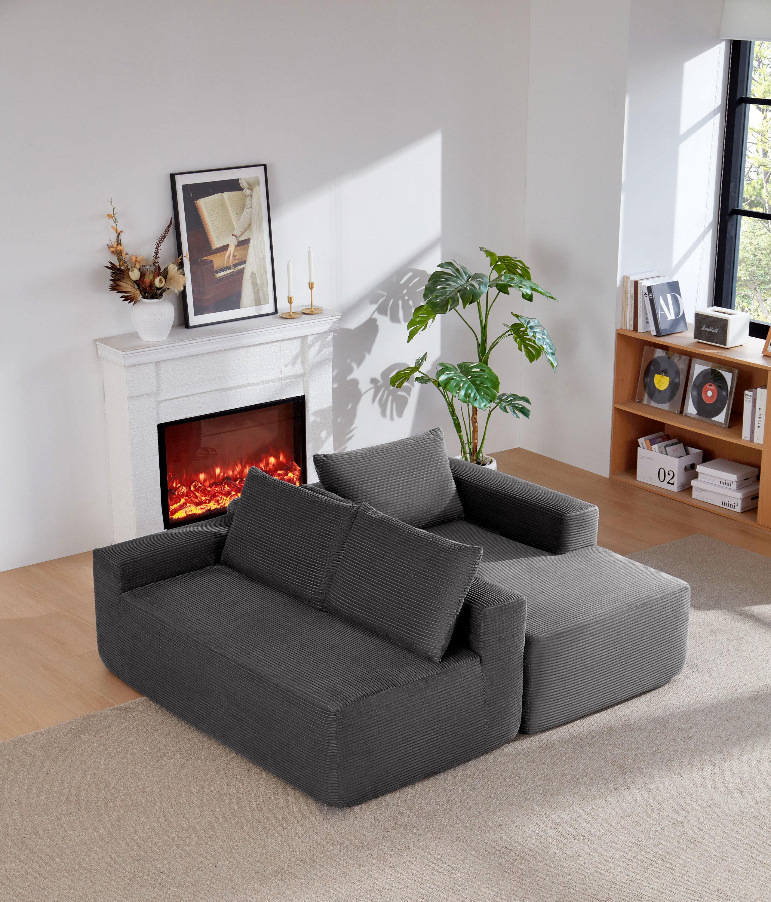 96.9'Compressible doubleCloud Sectional Couch with L-Shape Chaise,Modern Modular Sofa with Deep Seat,Upholstered Couches for Living Room Bedroom,No Assembly Required,(Plush Corduroy Fabric),Grey Right - Grand Goldman Shop