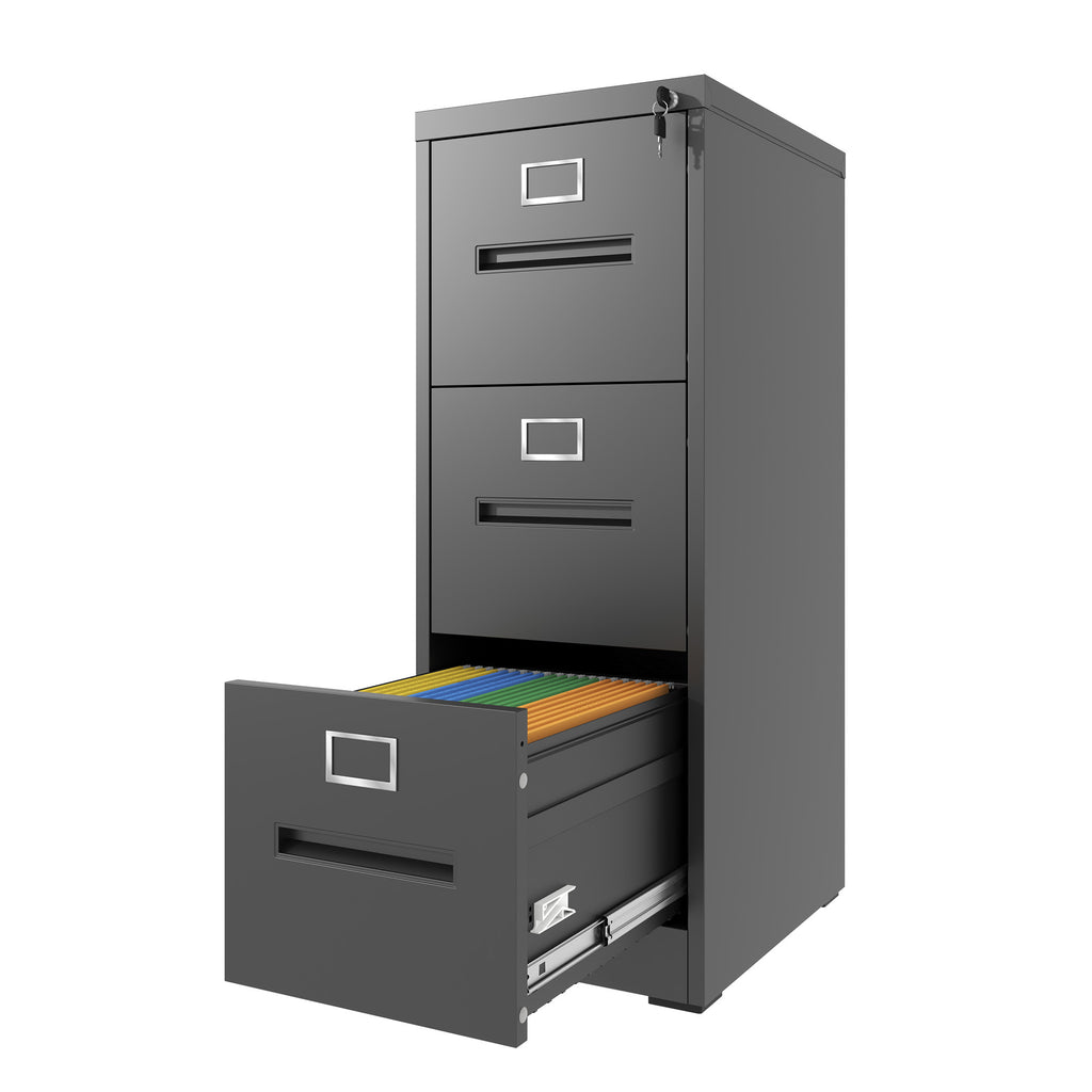 Premium Metal 3 Drawer File Cabinet with Lock for A4 Legal/Letter Size Storage, Black Steel, 15.16x17.72x40.39 inches - Grand
