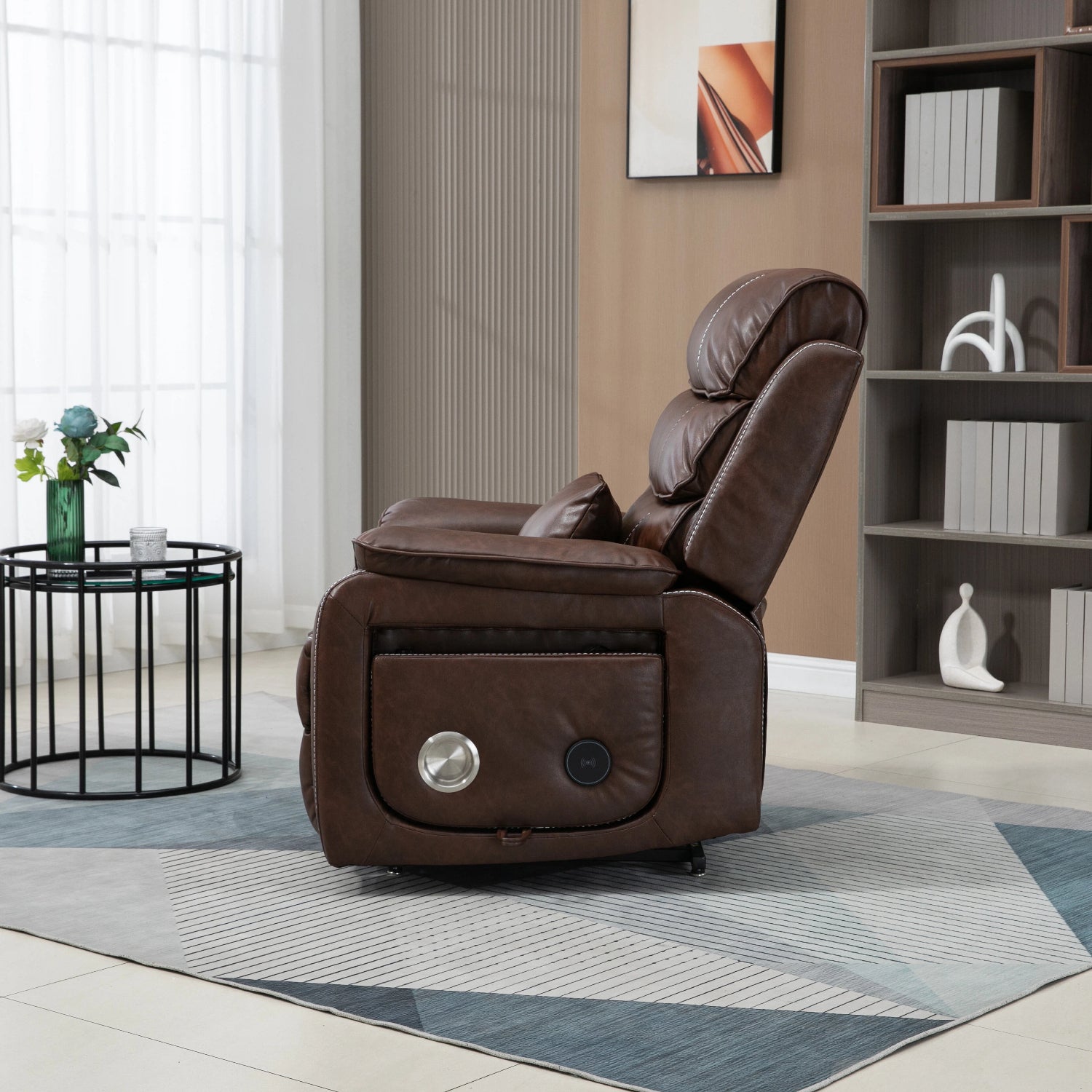 Premium Brown Technical Leather 180-Degree Lay Flat Recliner Chair with Wireless Charging, Lumbar Support, and Dual Motor Lift for Big & Tall Comfort - Grand Goldman Shop