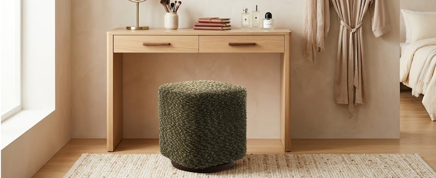 Olive Upholstered 360° Swivel Vanity Stool, Modern Makeup Chair with Soft Fabric Cushion for Bedroom or Living Room - Grand Goldman Shop