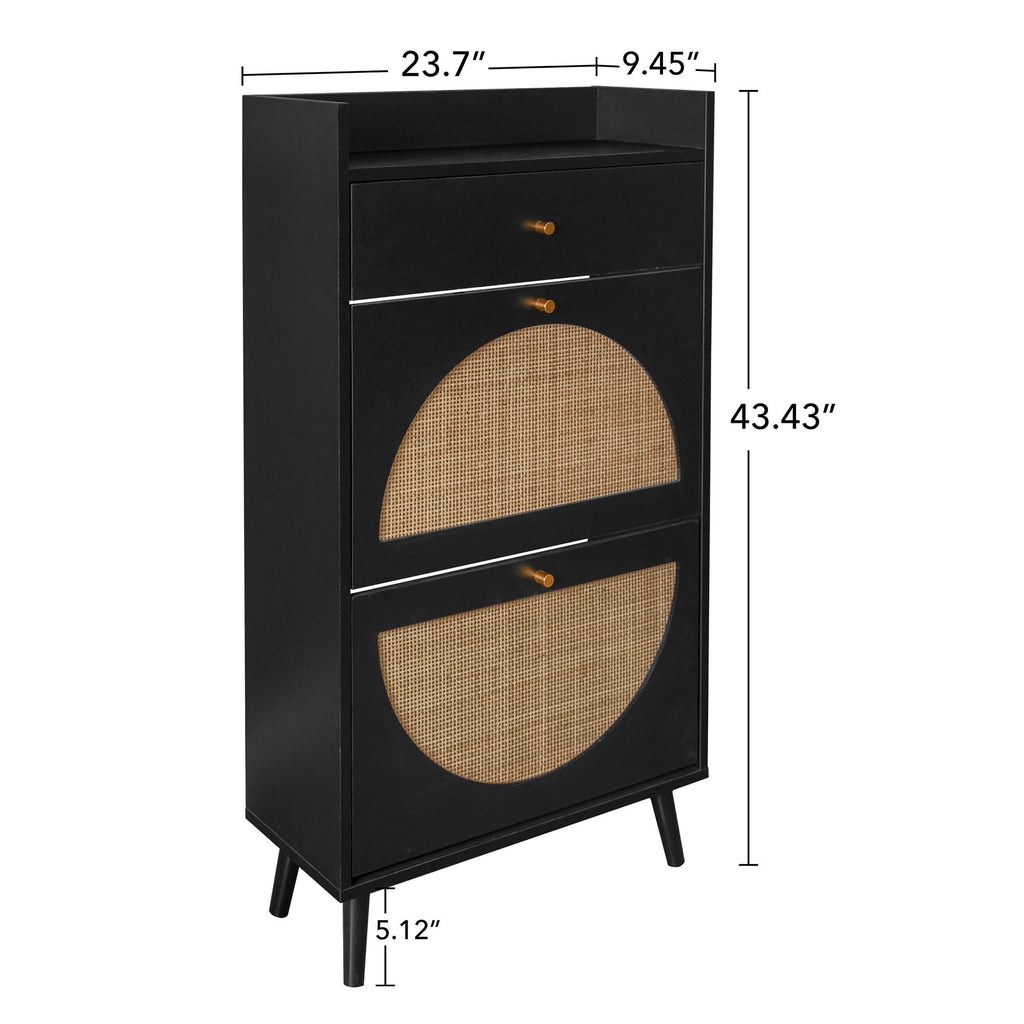 Allen Rattan 2-Door 1-Drawer Cabinet Shoe Rack for Entrance, Black Particle Board, Double Layer - Grand Goldman Shop