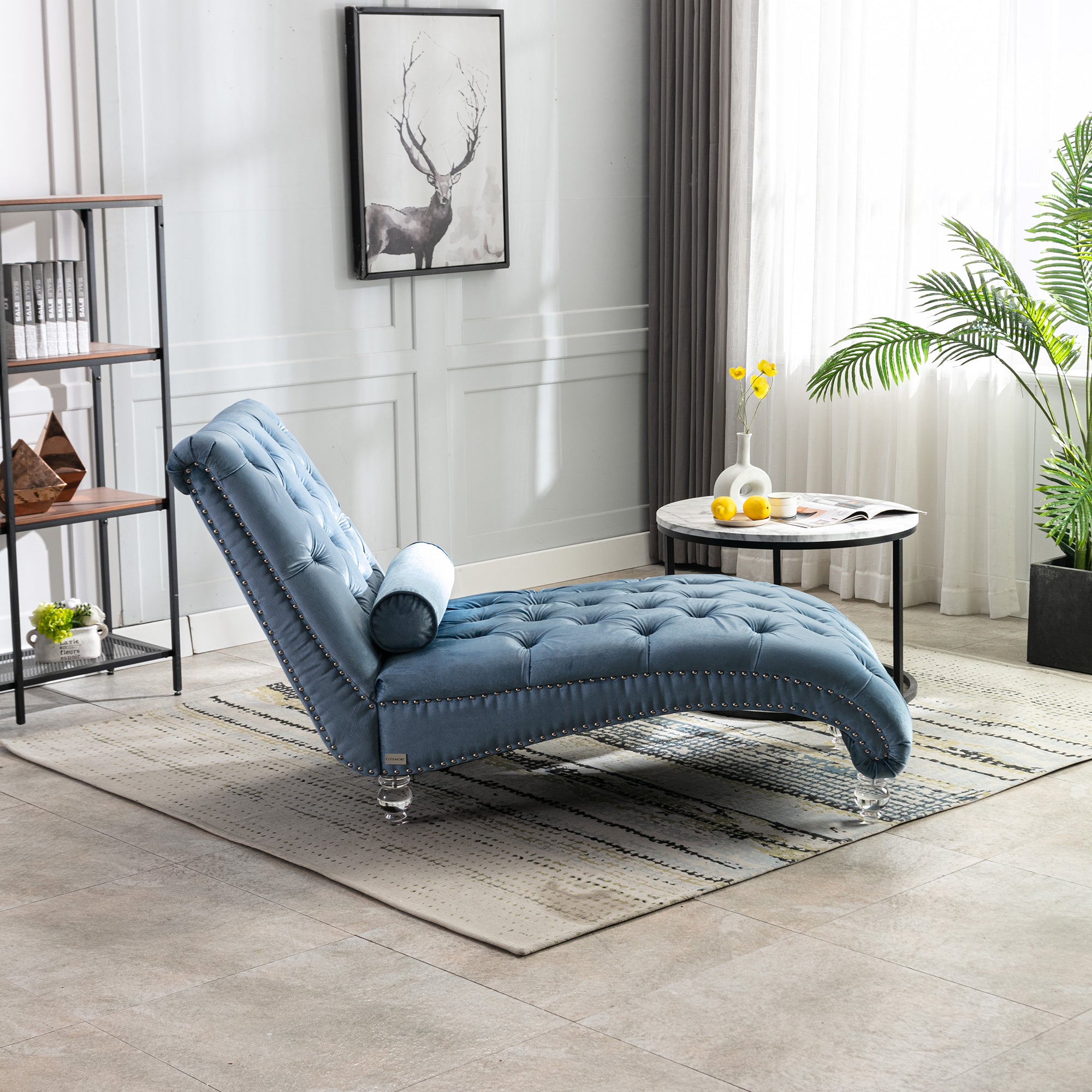 Velvet Chaise Lounge Chair with Pillow, Button-Tufted Upholstered, Light Blue, Solid Wood Frame, Acrylic Legs - Grand Goldman Shop