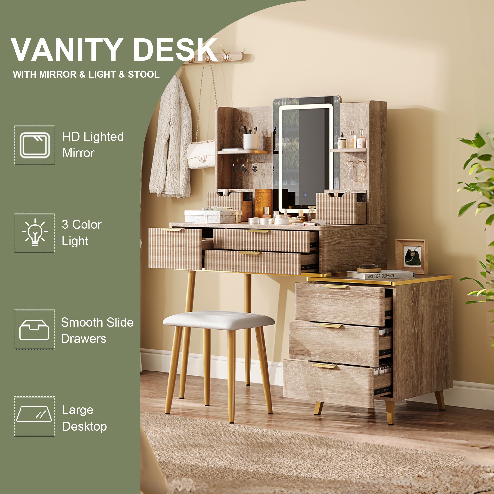 7-Drawer Vanity Desk with LED Mirror & Carved Details, Fluted Makeup Table with Metal Legs and PU Stool, Carved Dressing Table with Jewelry Storage for Bedroom - Grand Goldman Shop