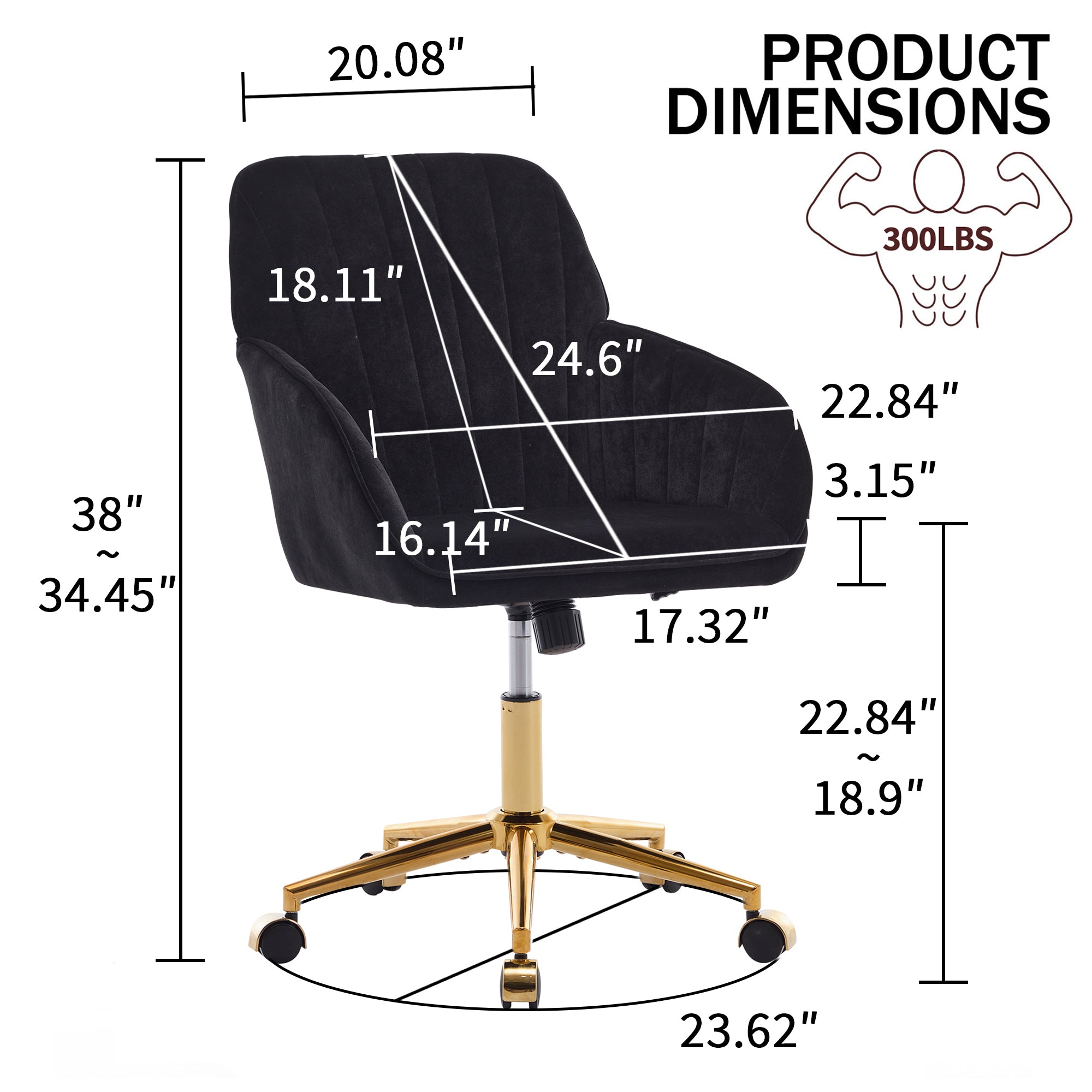 TY Adjustable Office Chair, Ergonomic Swivel Chair, Black Velvet, Comfortable for Long Sitting - Grand Goldman