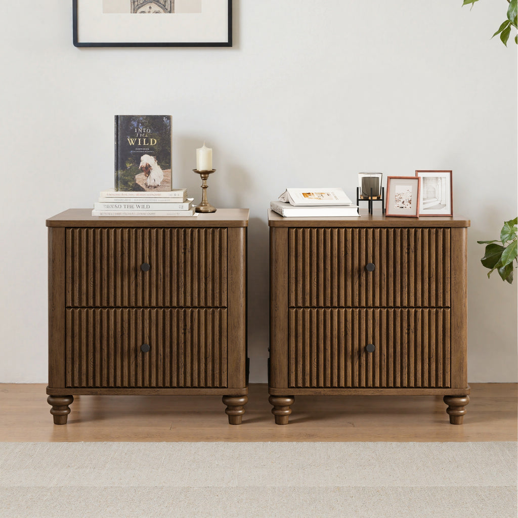 Mid Century Modern Fluted Nightstand 2-Piece Set, 21.65' Wide Wooden Bedside Table with 3 Drawers, Walnut Finish - Grand Goldman Shop