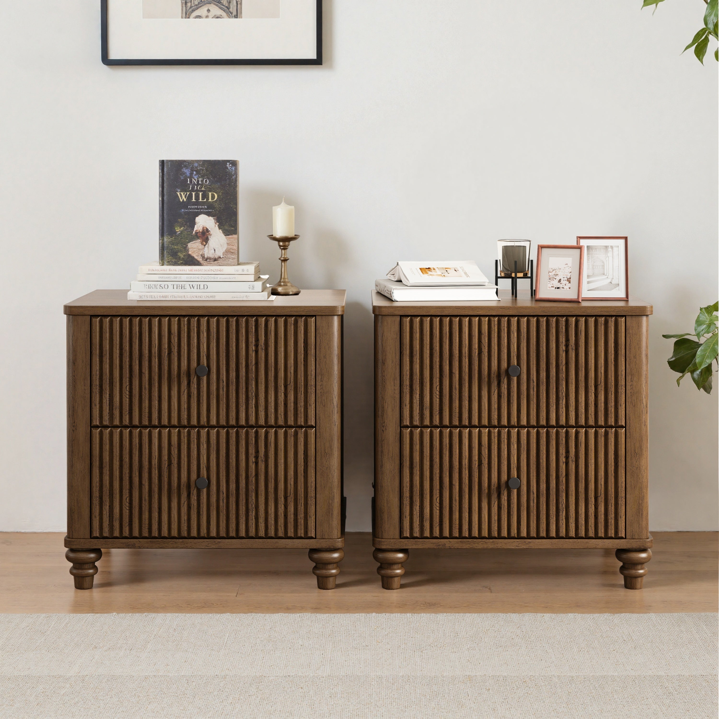 Mid Century Modern Fluted Nightstand 2-Piece Set, 21.65' Wide Wooden Bedside Table with 3 Drawers, Walnut Finish - Grand Goldman Shop