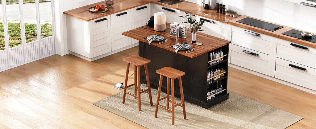 K&K 53'' Farmhouse Kitchen Island with Two Tempered Glass Cabinet Doors, Power Outlet, Rolling Kitchen Cart on Wheels with Drop Leaf, 5 Open Side Racks, 3 Drawers, for Kitchen, Dining Room, Black - Grand Goldman Shop