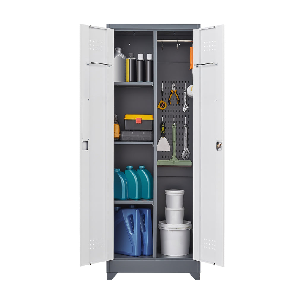 Heavy Duty Grey Metal Storage Cabinet with Locking Doors, Hanging Rod & Shelves, 65' H Broom Closet for Garage or Basement - 