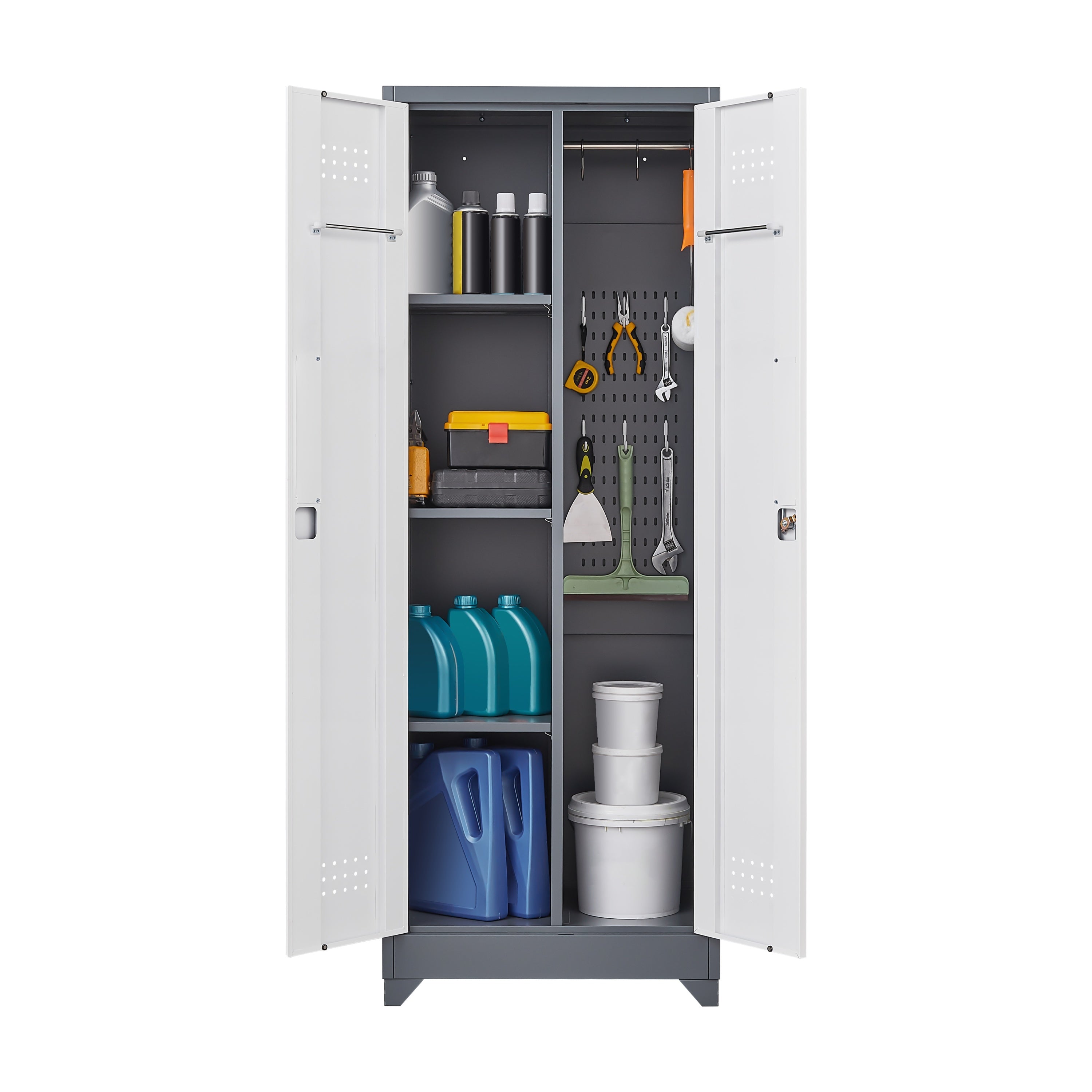 Heavy Duty Grey Metal Storage Cabinet with Locking Doors, Hanging Rod & Shelves, 65' H Broom Closet for Garage or Basement - 