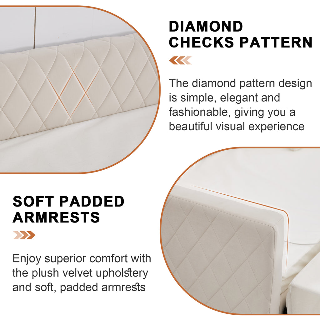 Beige velvet daybed, sturdy wooden bed frame, modern diamond grid pull-out design, perfect for bedroom, living room furniture - Grand Goldman Shop
