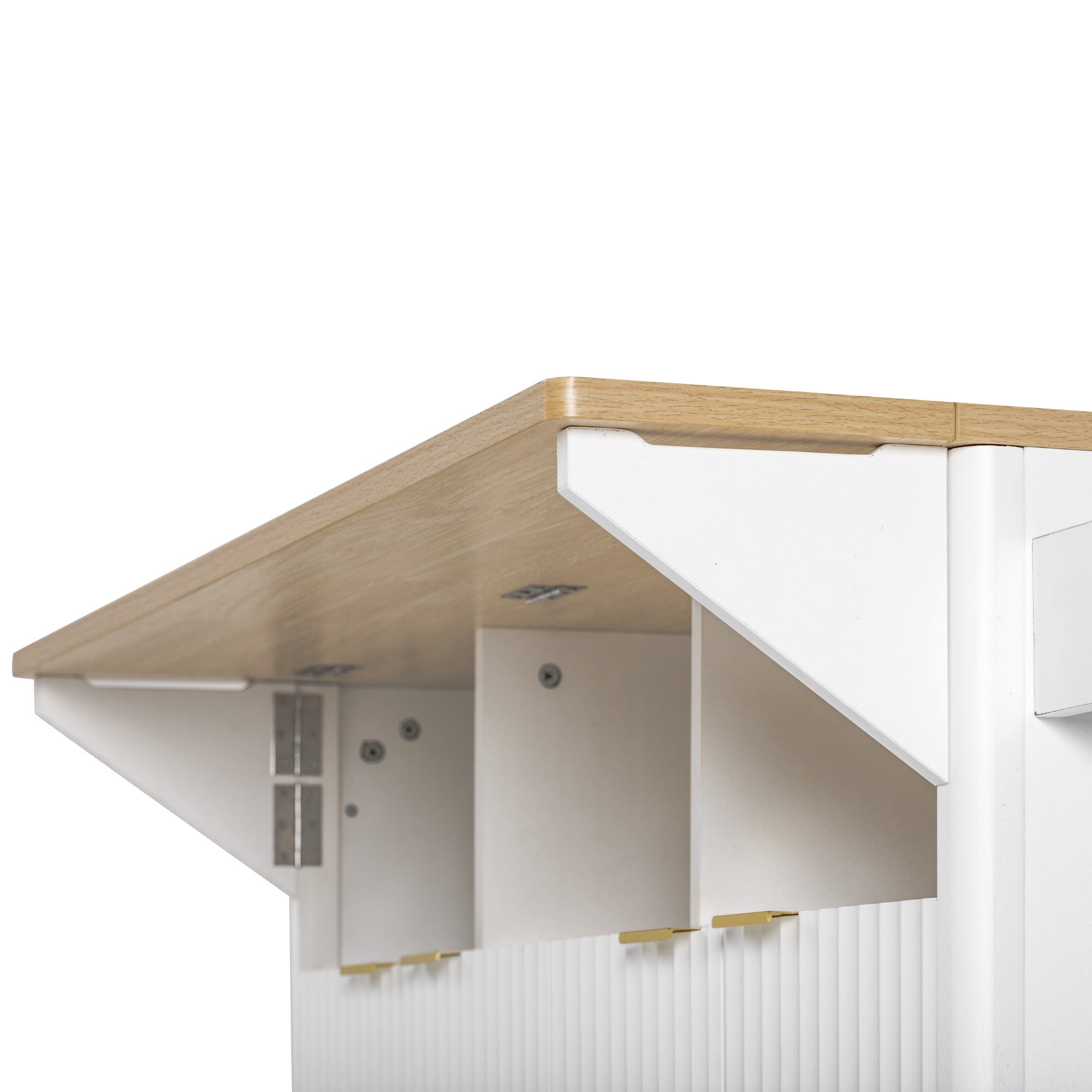 K&K 55.5' Fluted Kitchen Island with 2 Drop Leaf, Kitchen Storage Cart with Power Outlet, 4 Doors, Spice rack, Rolling Island Table with Wood-grain Top, Curved Edge for Kitchen, Dining Room,White - Grand Goldman Shop