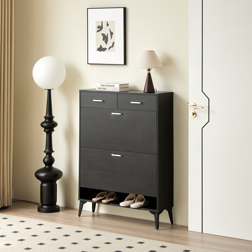 Large size Shoe Cabinet,Free Standing Tipping Bucket Shoe Rack Organizer with 2 Flip Drawers&2 Drawer,Modern Tipping Bucket for Entryway,Hallway,Bedroom-black - Grand Goldman Shop
