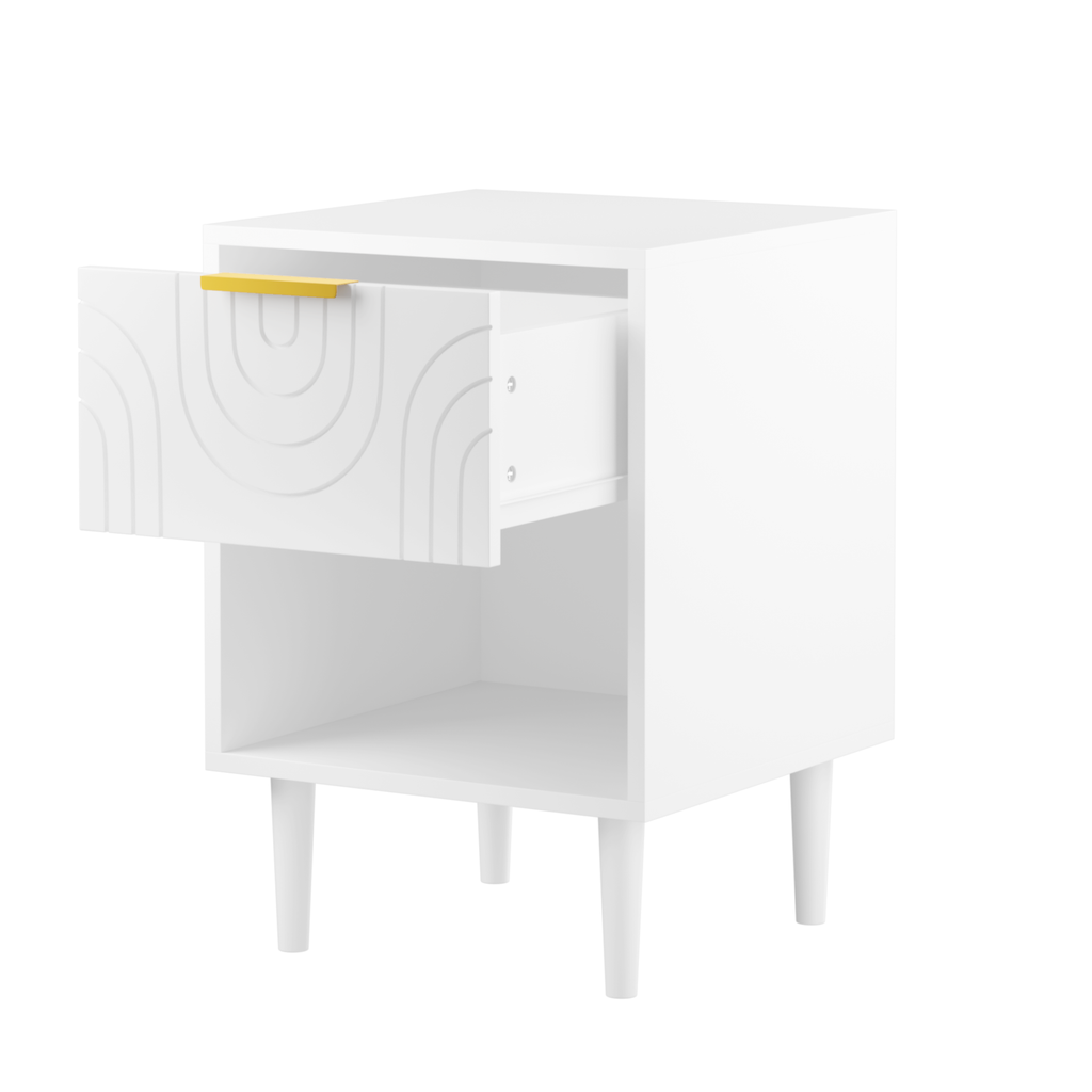 Modern White Nightstand with One Drawer and Open Shelf, Gold-Accented Handle, 22.83'' H, MDF, White - Grand Goldman Shop