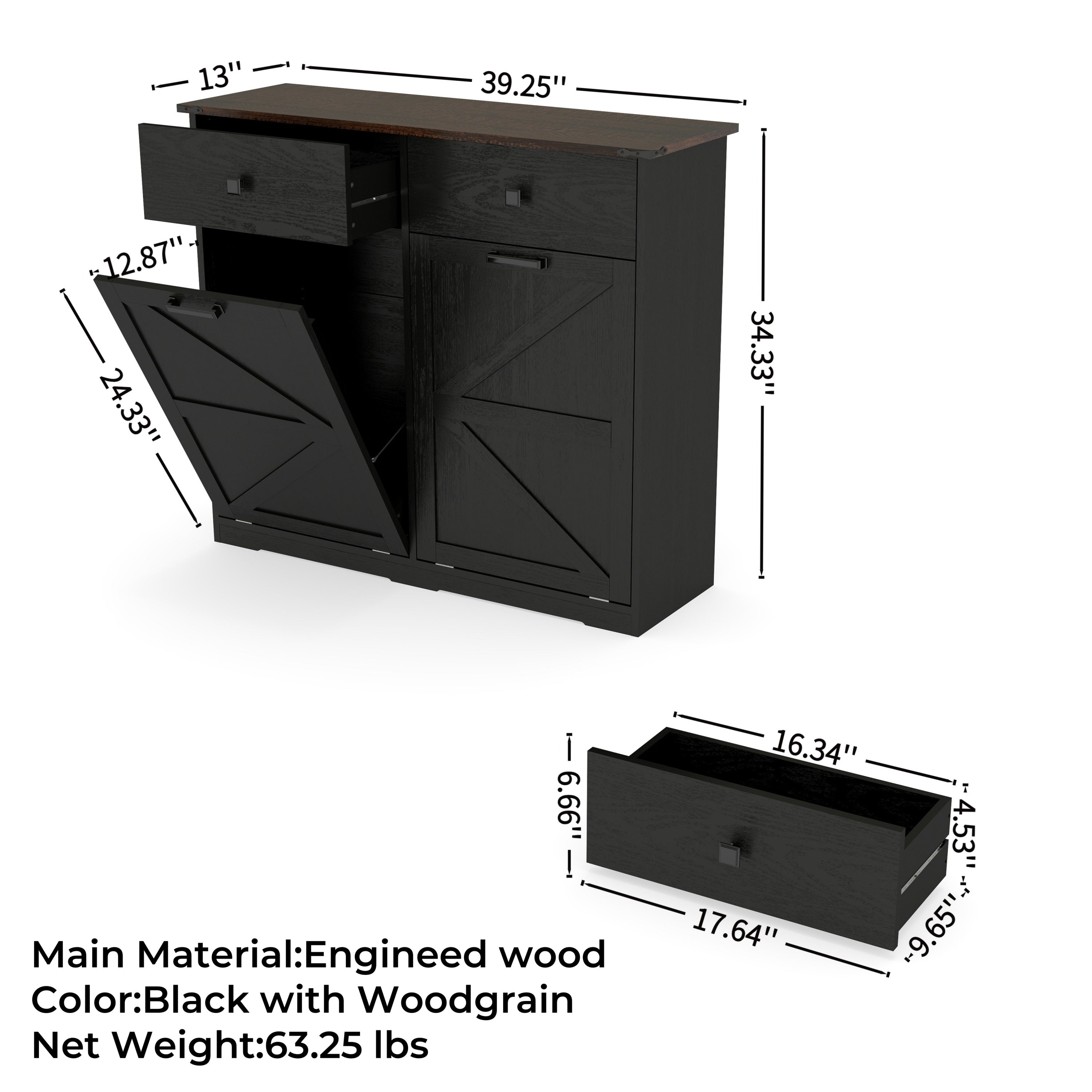Farmhouse Black Double Tilt Out Trash Cabinet with Hideaway Drawer and Barn Door Style, Engineered Wood, 39.3''×13''×34.45'' - Grand Goldman Shop