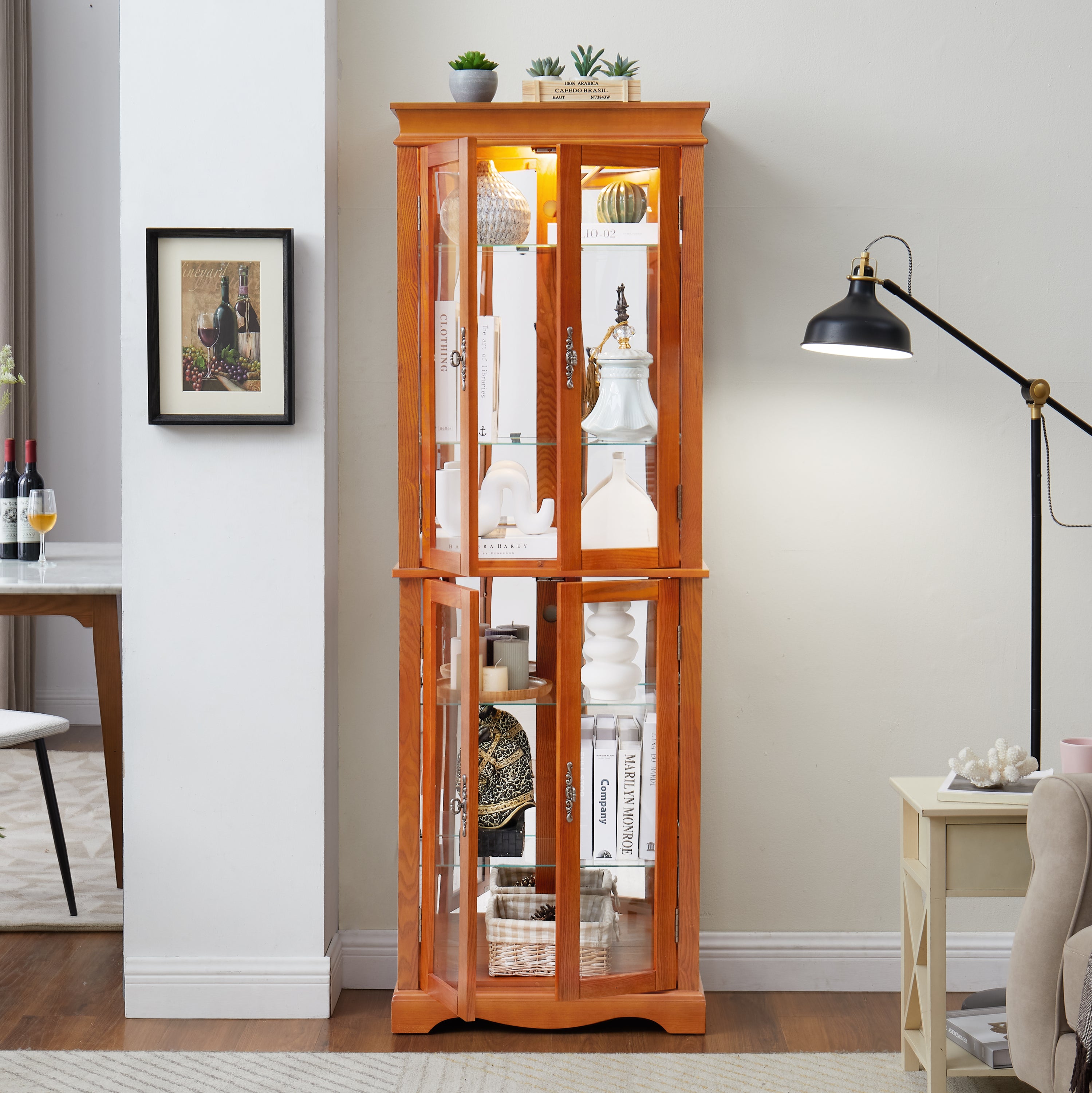 Lighted Glass Curio Display Cabinet,Display Cabinet,Glass Storage Cabinet Glass Wine cabinet Wood Frame Toy Display for Living Room, Kitchen, Pantry light bulb included OAK - Grand Goldman Shop