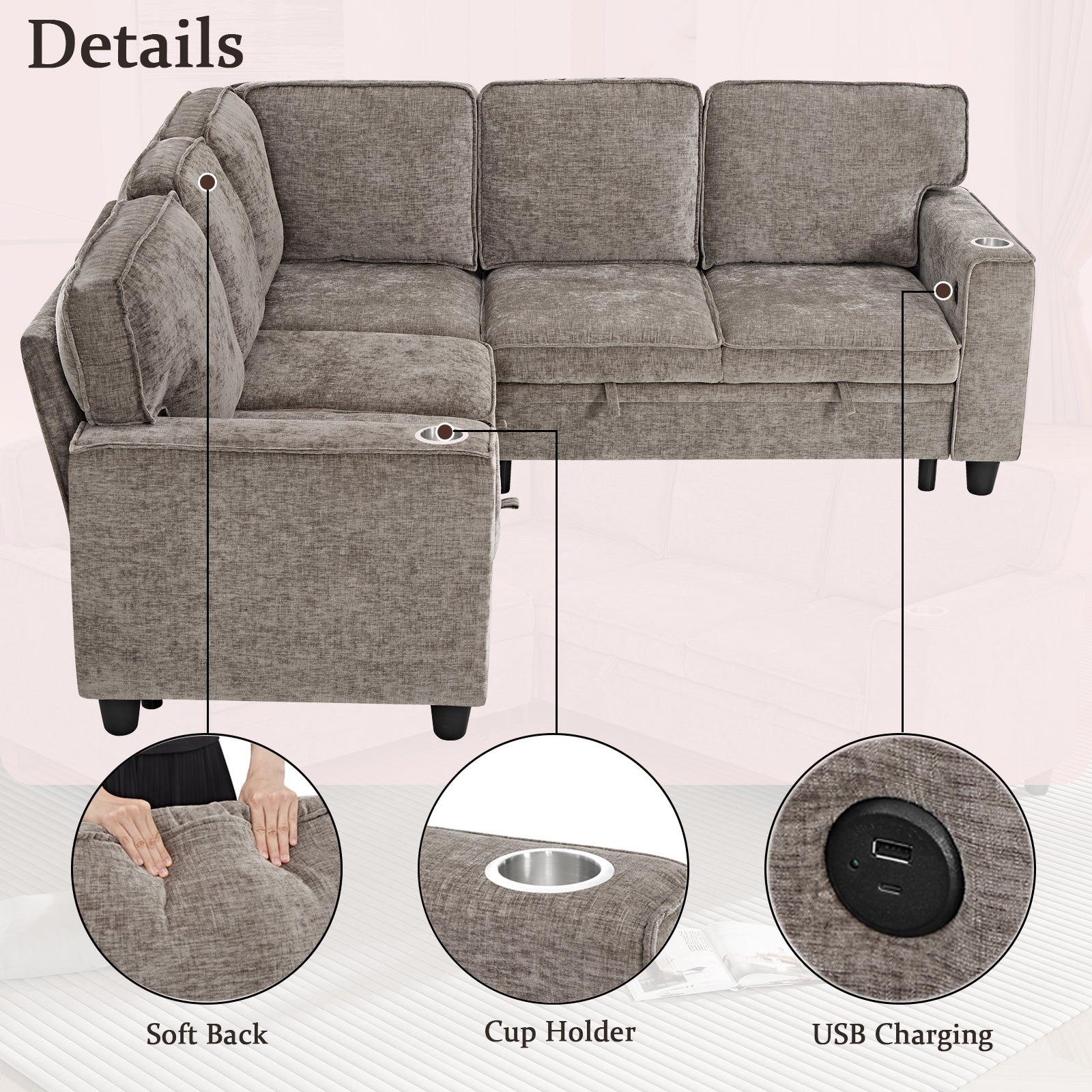 L-Shaped Sofa with Pull Out Sofa Bed, Sleeper Sofa Couch Bed with Storage Seat, 5 Seat Sectional Sofa Bed with USB, Sectional Sofa Couch for Living Room, Apartment, Light Brown - Grand Goldman Shop