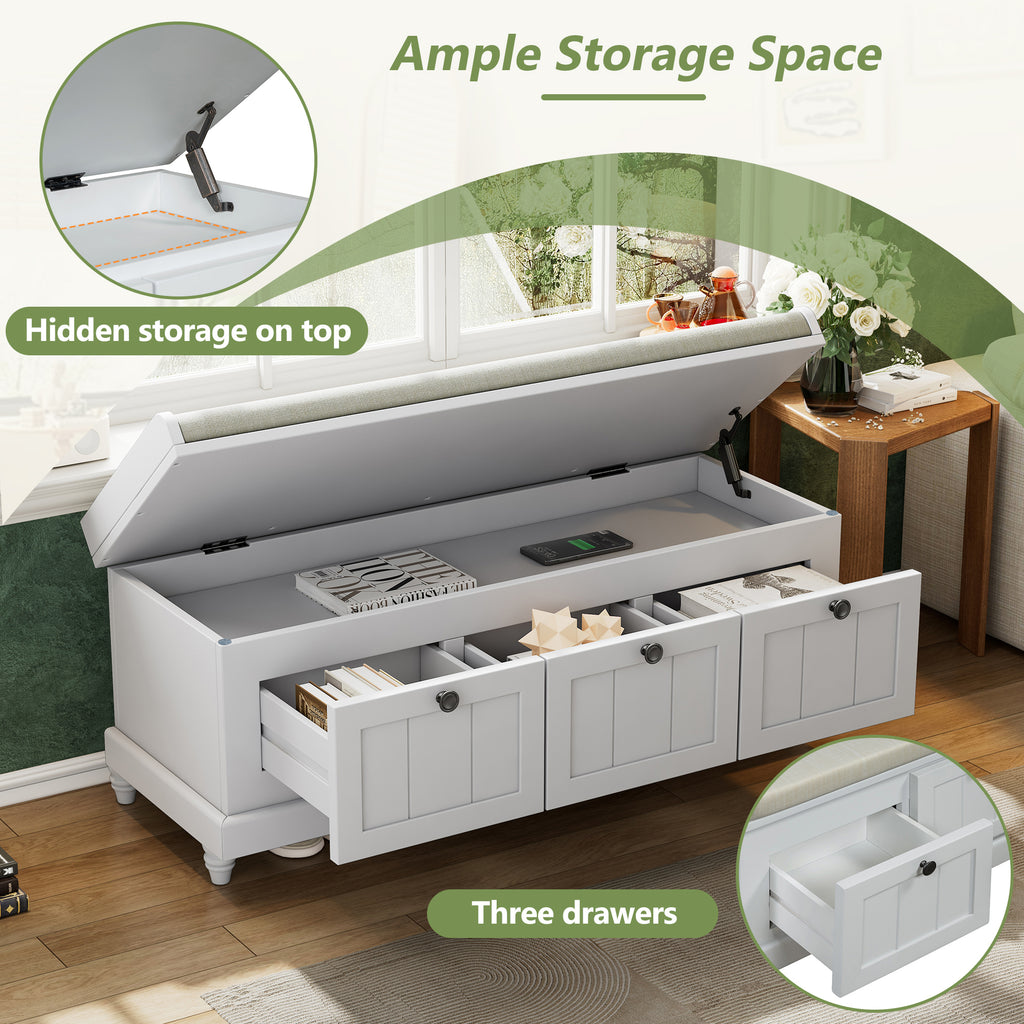 TREXM Classic Shoe Bench with Cushion and Three Drawers, Fluted Entryway Bench with Storage for Living Room, Entryway, and Hallways (Light Gray, OLD SKU: N715P207812E ) - Grand Goldman Shop
