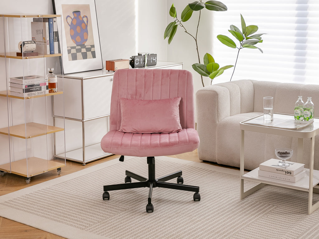 Light Pink Velvet Criss Cross Armless Office Chair with Wheels - Comfortable & Stylish for Home Office, Meditation, and Makeu