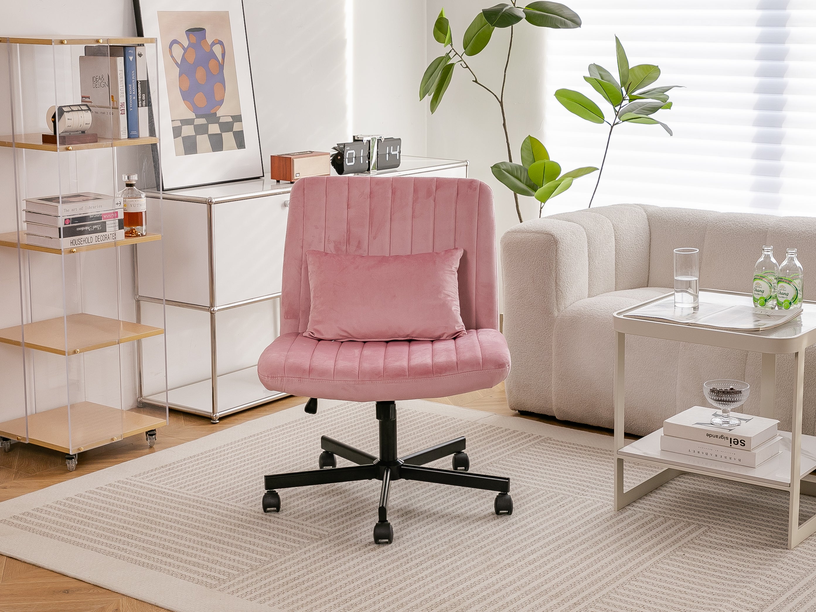 Light Pink Velvet Criss Cross Armless Office Chair with Wheels - Comfortable & Stylish for Home Office, Meditation, and Makeu