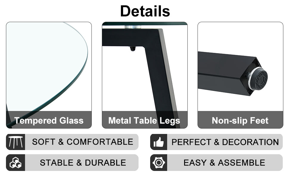 Modern simple style round transparent tempered glass table, tempered glass table top, black metal legs, suitable for kitchen, dining room and living room, 42 '*42' *29.5 '1123r - Grand Goldman Shop