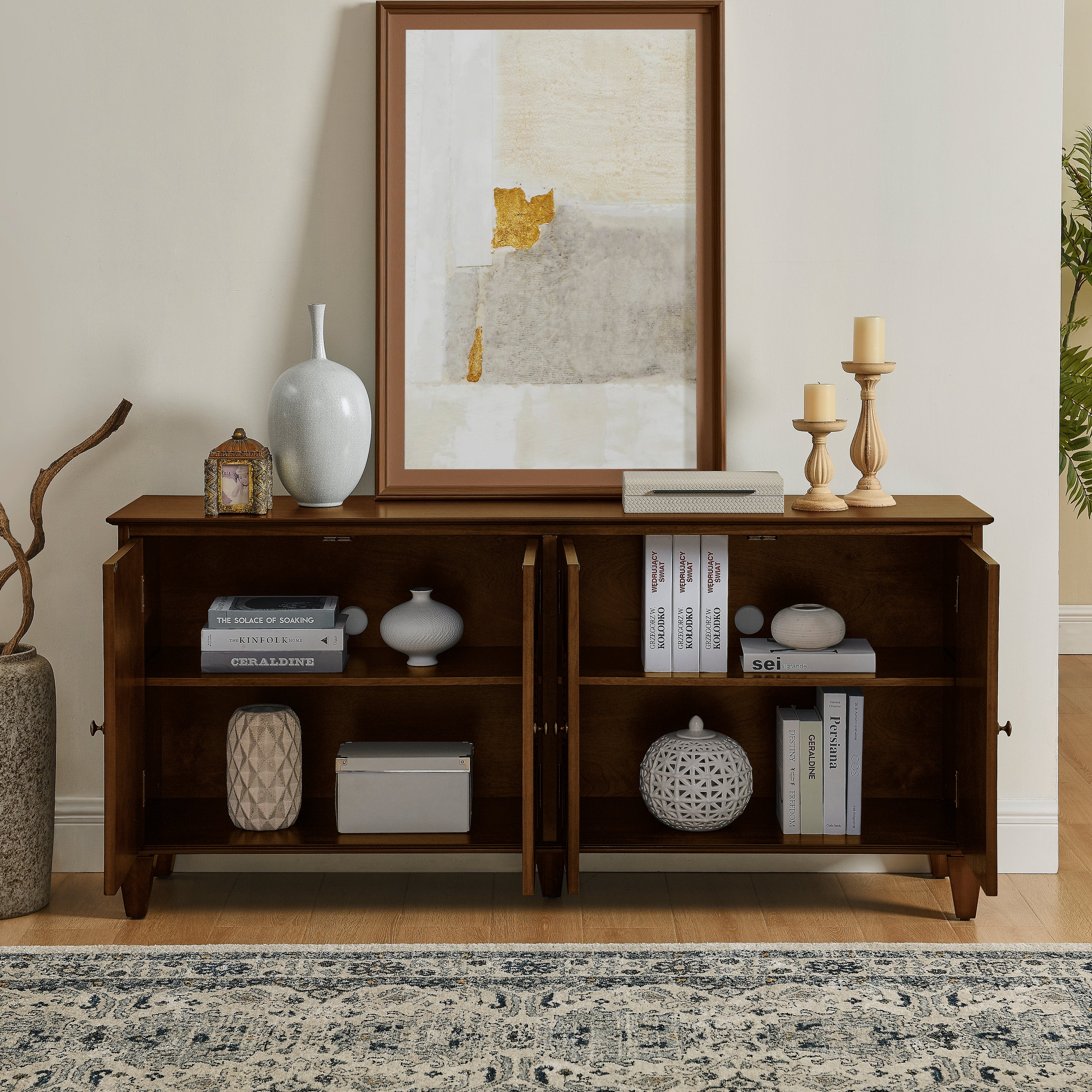 65.2' Mid Century Modern Sideboard Buffet Cabinet with Storage, Symmetrical Geometric Accent Coffee Bar Wine Bar Storage Cabinet, Large Console Table for Living Room/Entryway/Kitchen, Walnut - Grand Goldman Shop