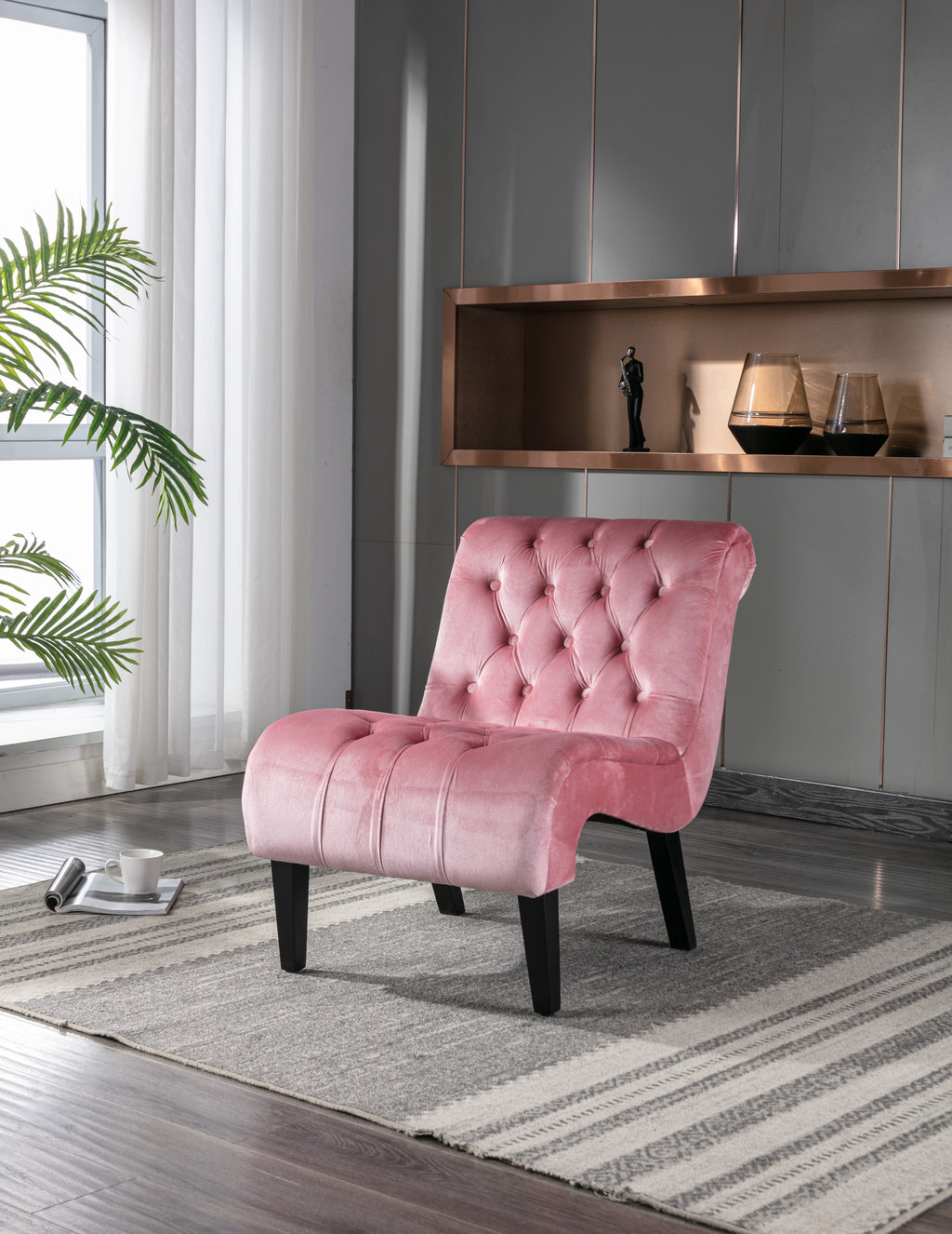 COOLMORE Modern Velvet Armless Accent Living Room Chair / Leisure Chair,Upholstered Fabric Button Comfortable Chair with Wooden Legs for Bedroom, Living Room, Office (Pink Velvet) - Grand Goldman Shop